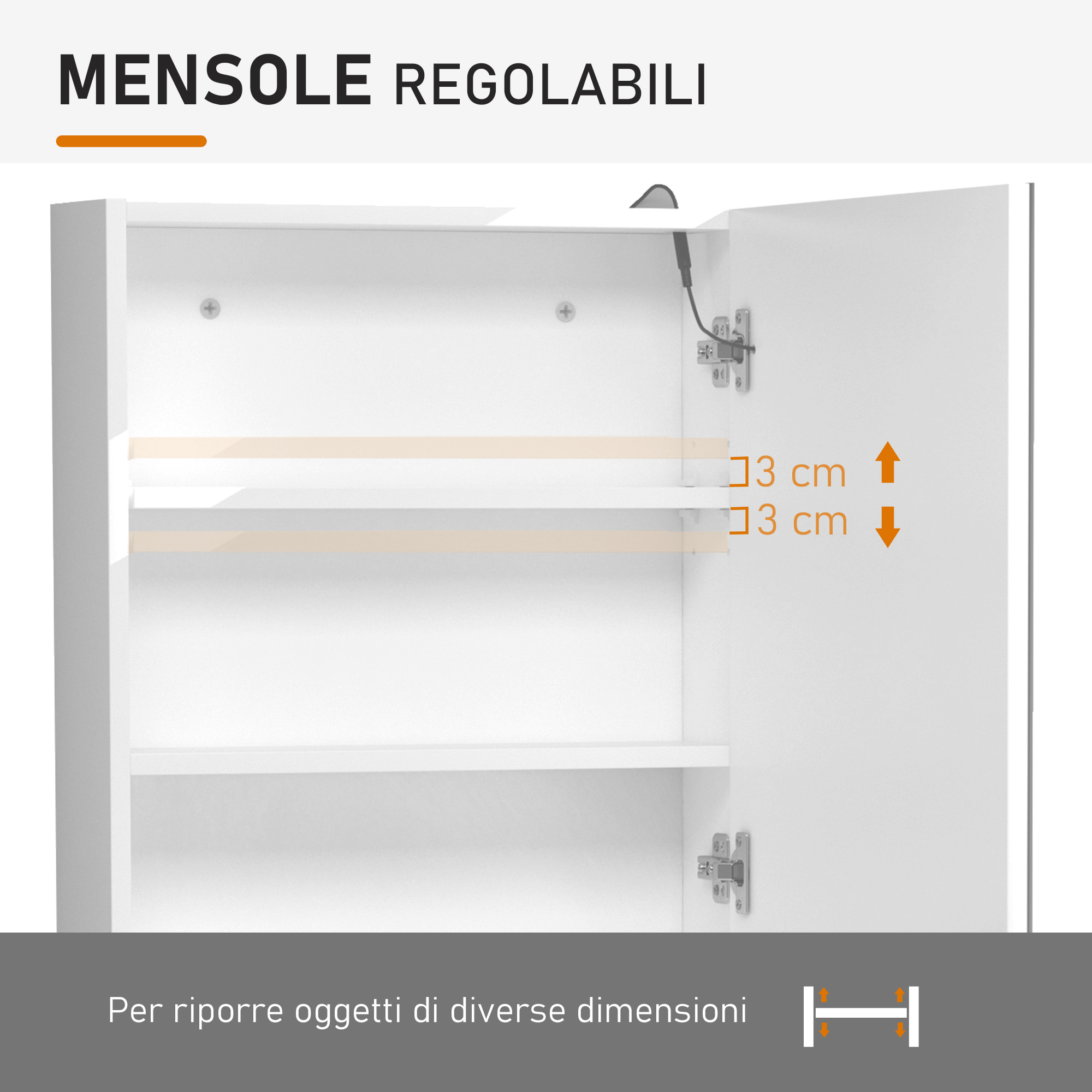 Armadietto Bagno A Muro Con Specchio, HOMCOM, 2 Ante E Ripiani Regolabili – MDF Bianco, 60x15x75 Cm