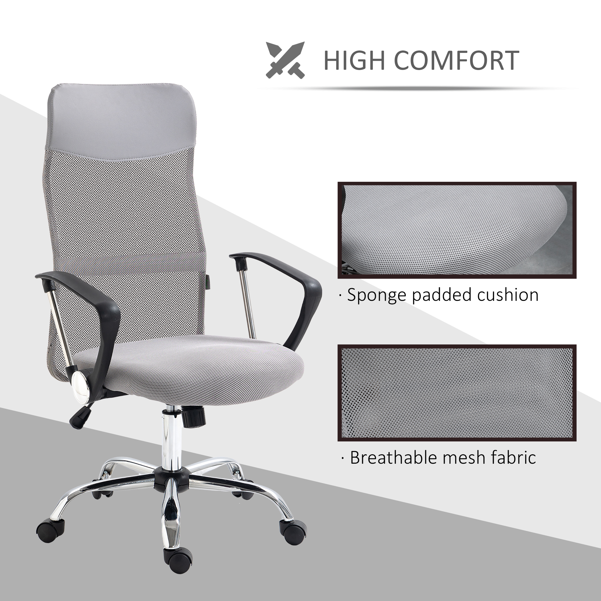 Vinsetto Ergonomic Office Chair Mesh Chair with Adjustable Height Tilt Function Light Grey 7