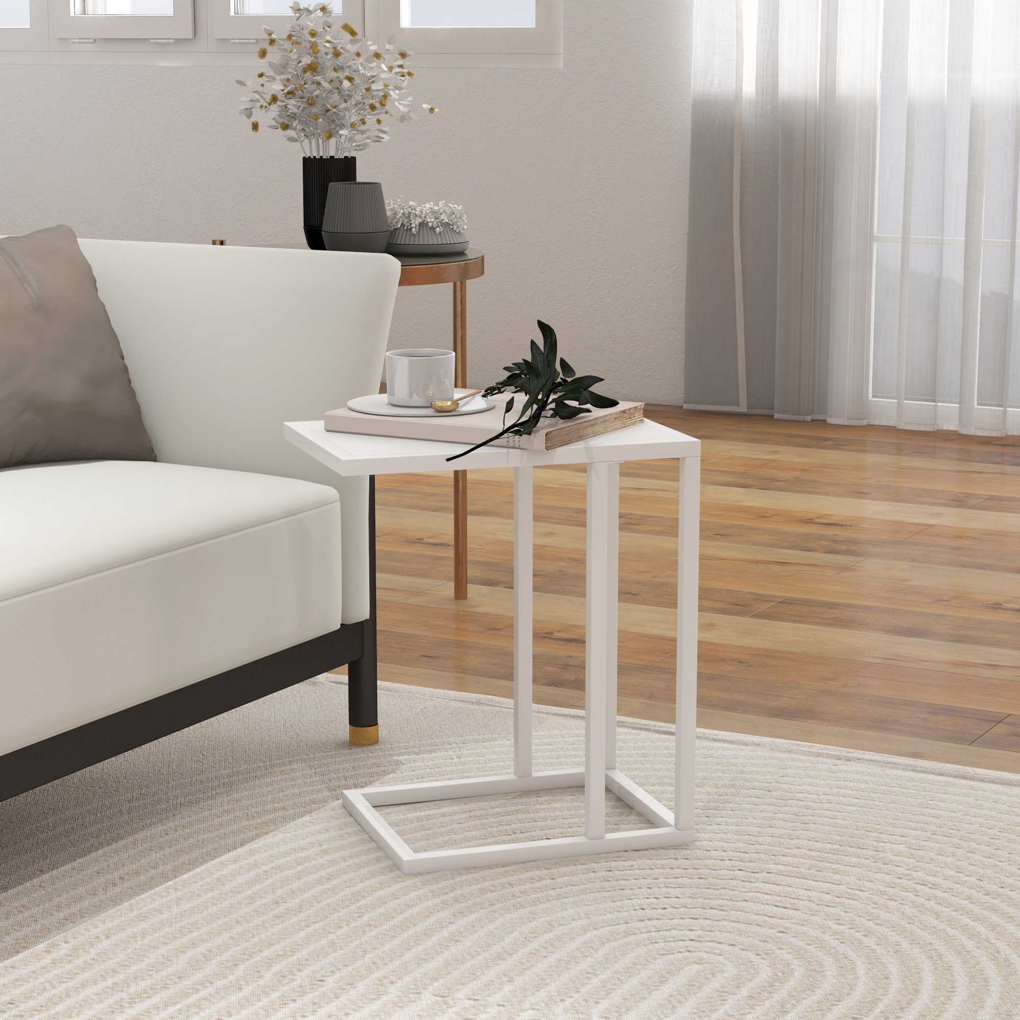 HOMCOM C Shape Bedside Table w/Metal Frame Wood-Effect Top Sofa Narrow Snack End Table for Living Room, White 2