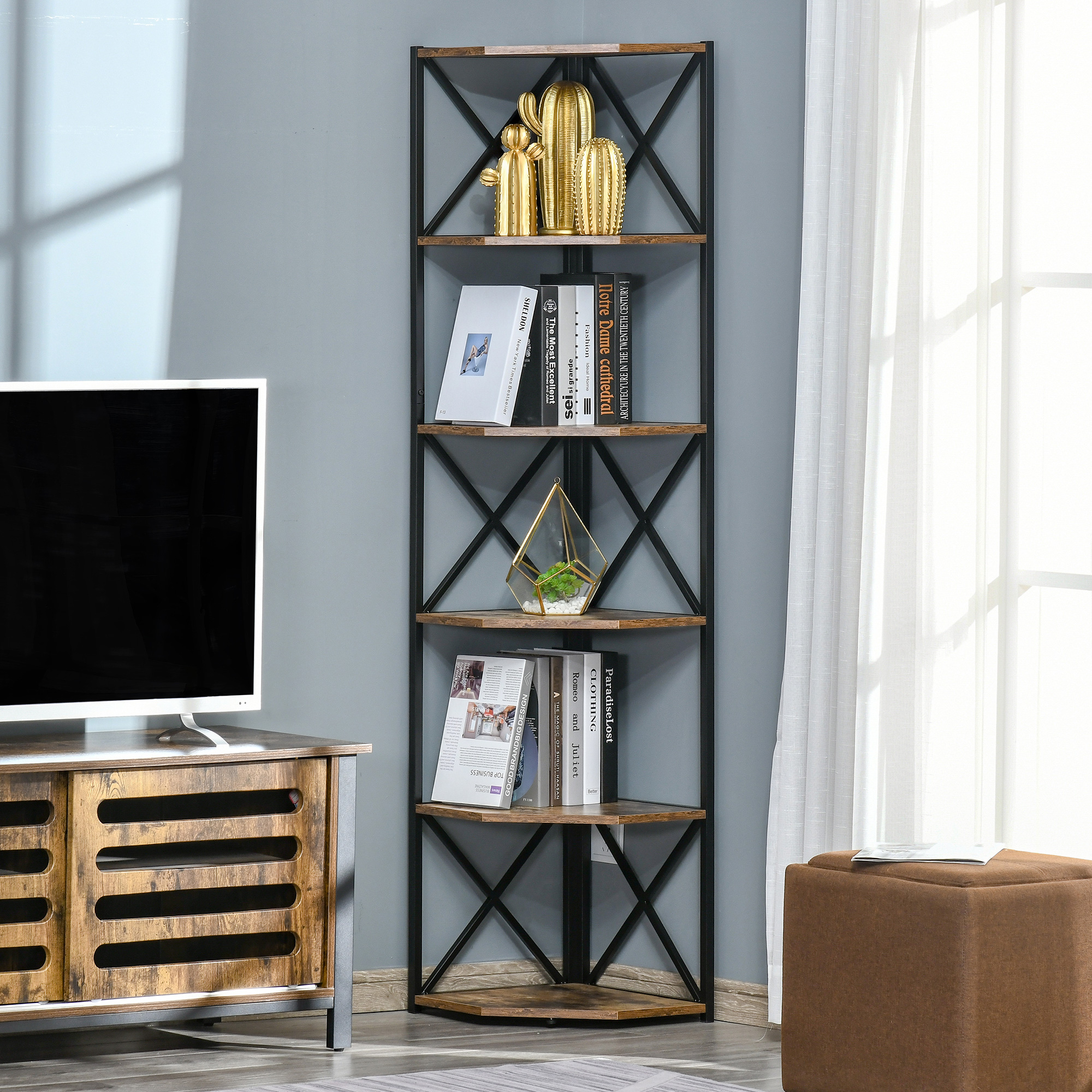 IRONCK Libreria Angolare Con 2 Armadi E 7 Ripiani Regolabili - Acero Rustico 180 Cm