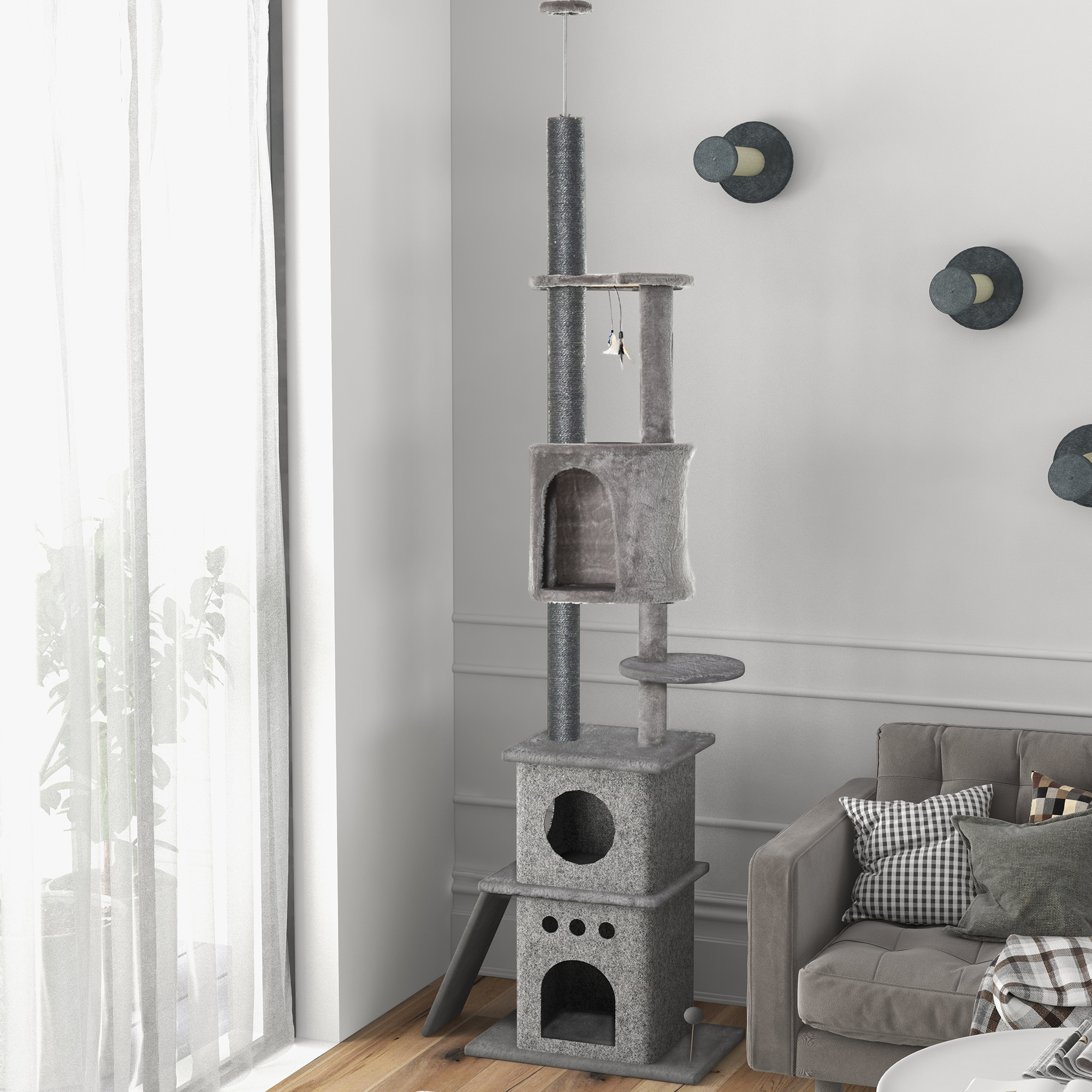 PawHut 255cm Floor To Ceiling Cat Tree for Indoor Cats Climber Scratching Post Adjustable Height Play Tower Removable Cover Grey 9