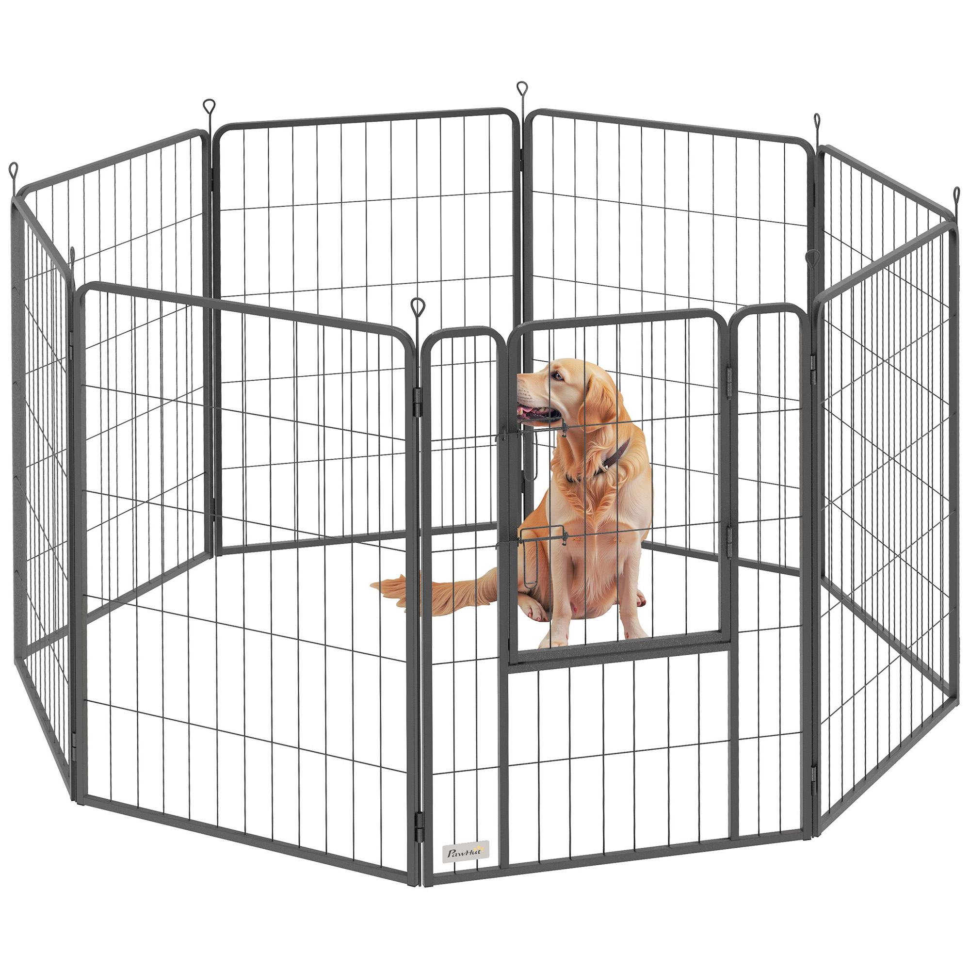 PawHut Eight-Panel Dog Playpen with Door, for Large Dogs, Indoors, Outdoors, 80cm Tall, Black