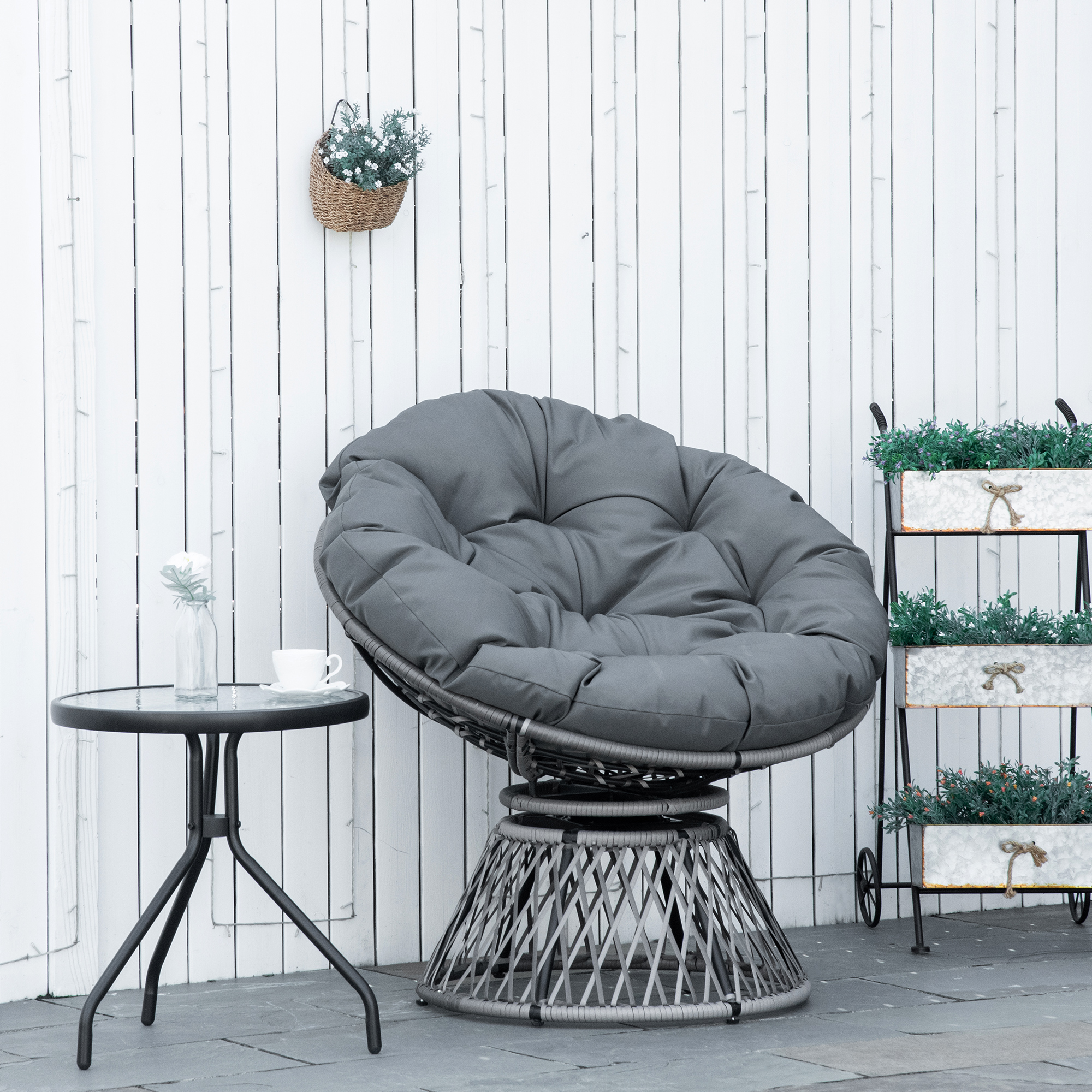 Outsunny 360° Swivel Rattan Papasan Moon Bowl Chair Round Lounge Garden Wicker Basket Seat with Padded Cushion Oversized for Outdoor Indoor, Grey 2