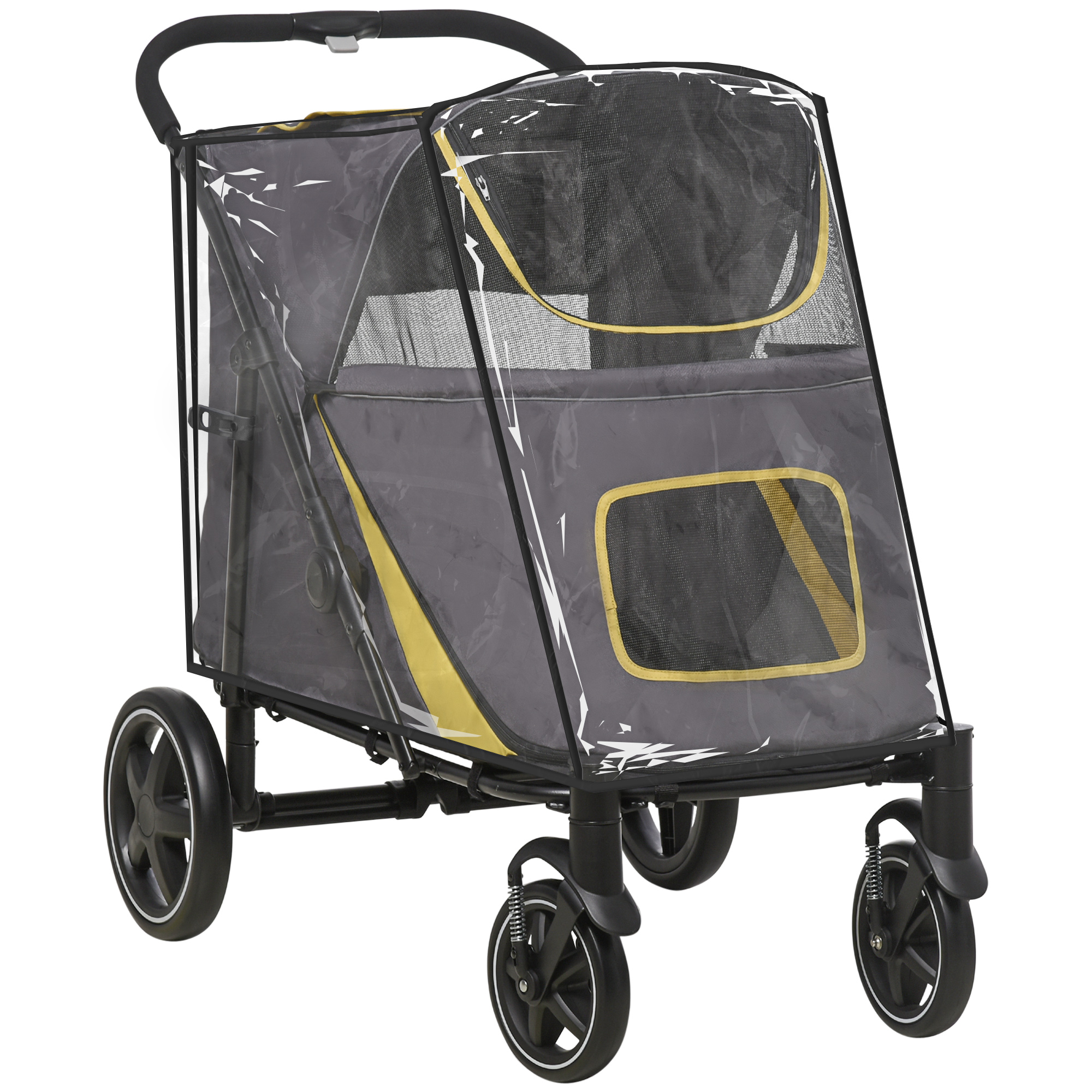 PawHut One-Click Foldable Pet Travel Stroller with Rain Cover, Cat Dog Pushchair with Universal Front Wheels, Shock Absorber, Storage Bags, Mesh Window, Safety Leash for Large and Medium Dogs (Red)