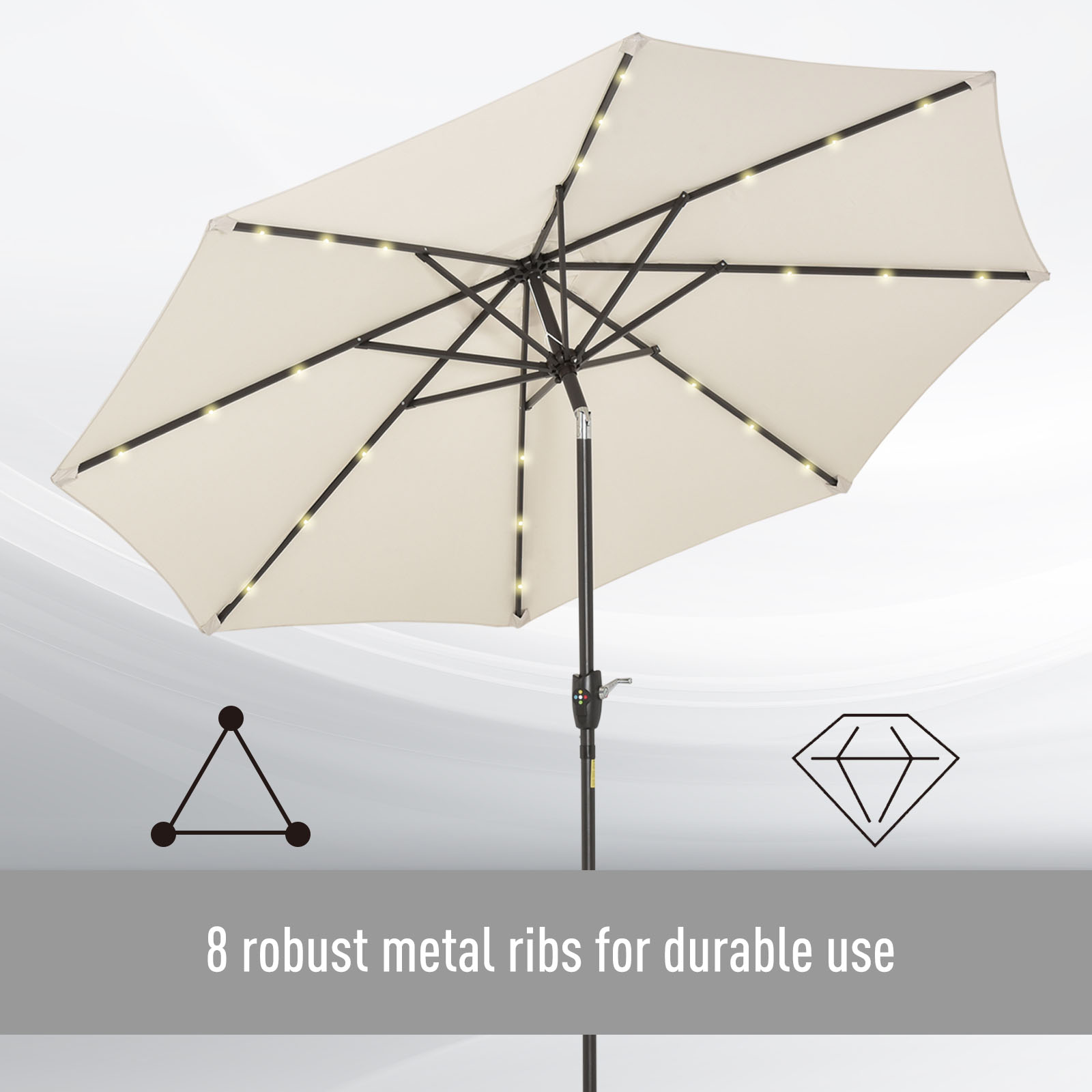 Outsunny Φ2.7m Garden 24 LED Light Parasol Solar Outdoor Tilt Sun Umbrella Patio Club Party Event Manual Sun Shade w/ Hand Crank and 8 Ribs, Off-white 8