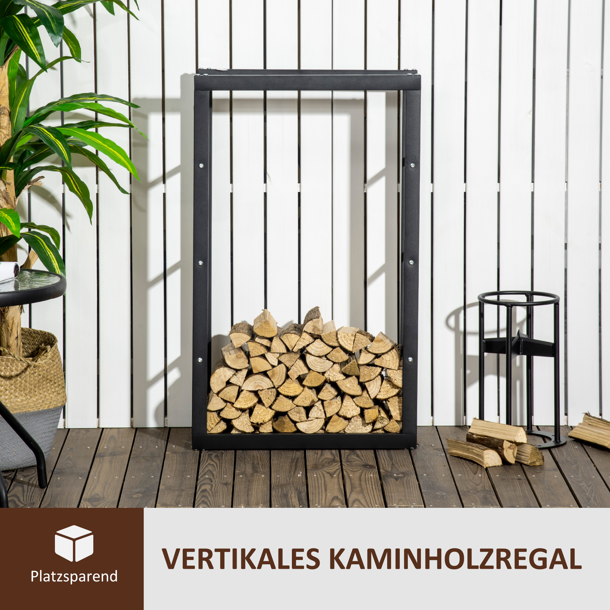 Metallist küttepuude riiul 60 x 25 x 100 cm, küttepuude hoiuriiul virnastamisabiga, terasraam, kuni 100 kg, küttepuude varjualune õue, puiduriiul, küttepuude riiul aeda, terrassile, õues kasutamiseks, must