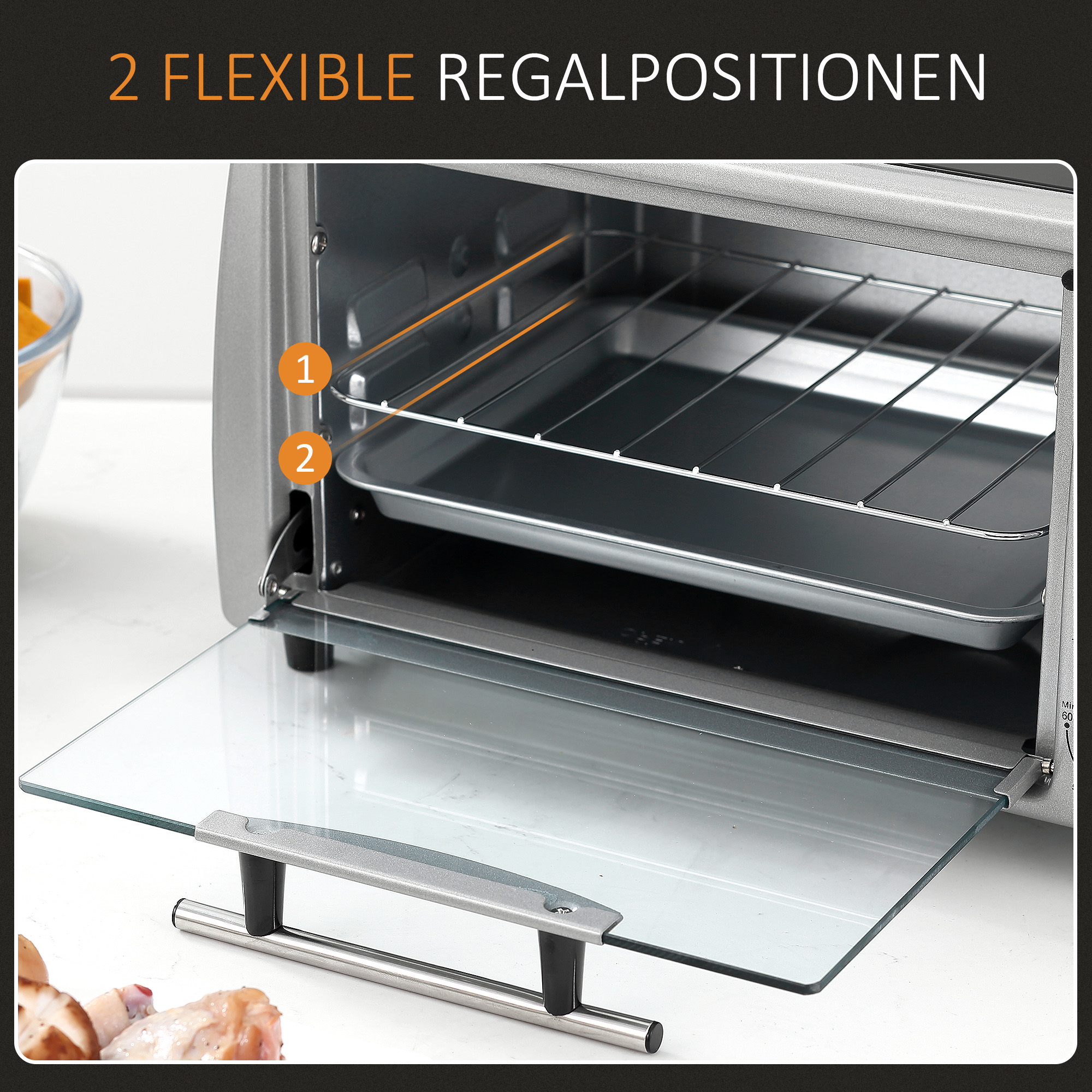 Miniahi 10 L 750W 100-230℃ 60 min taimeriga küpsetusplaadi, grillresti ja eemaldatava põhjaga, pitsaahi hõbedane