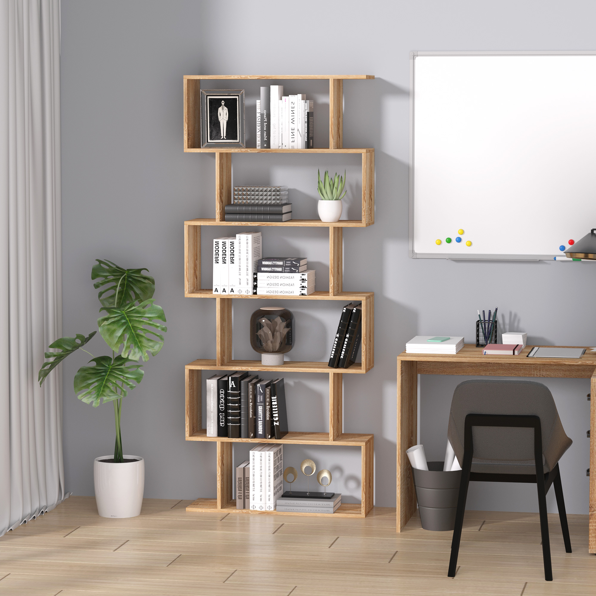 HOMCOM Bookcase, 6 Tier Shelf S Shaped Bookshelf, Storage Unit, Display Shelf for Living Room, Bedroom, Home Office, Plant, Oak 2