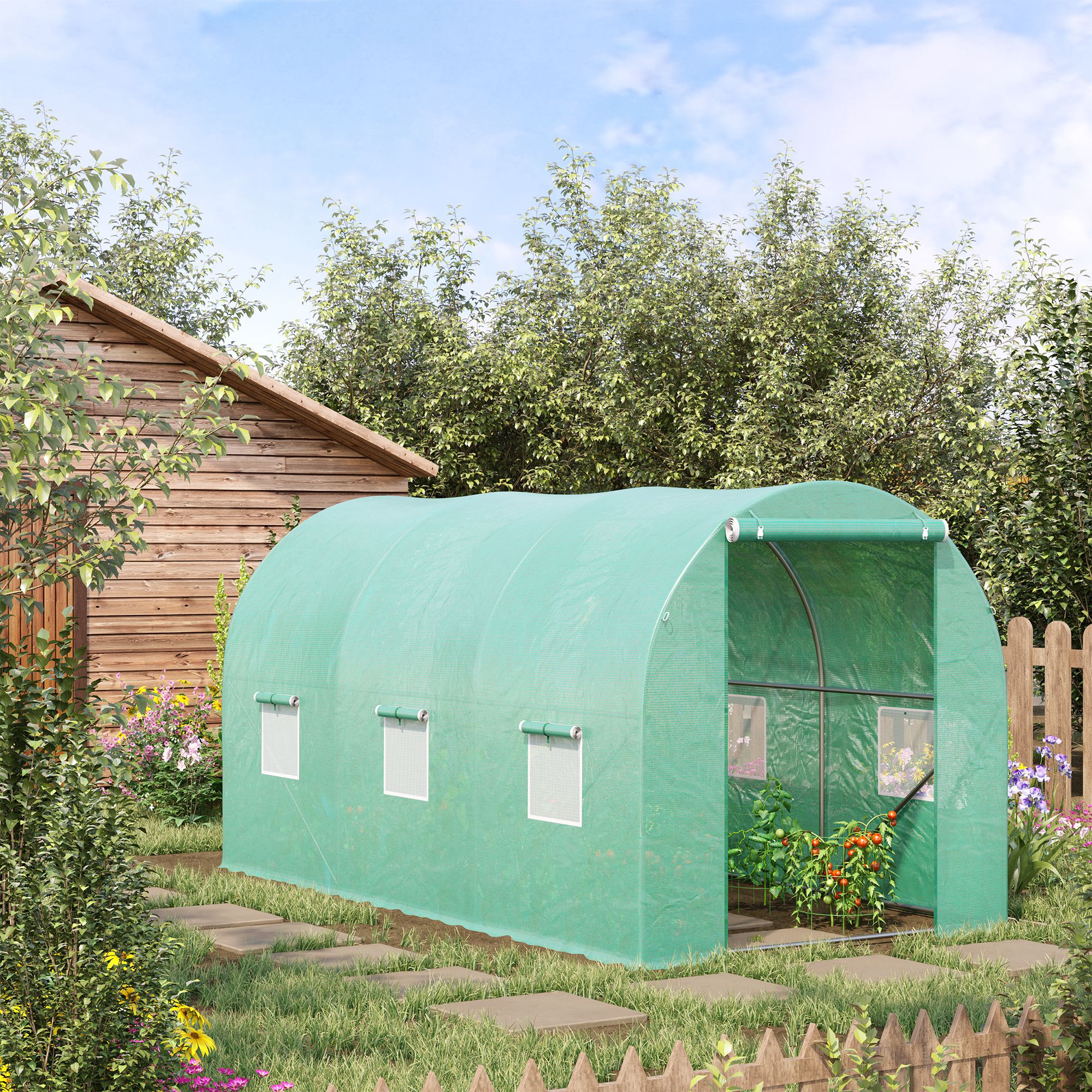 Outsunny 4 x 2 x 2 m Polytunnel Greenhouse with Roll-up Door and 6 Mesh Windows, Walk-in Garden Tunnel Warm House Tent with UV-resistant PE Cover and Galvanised Steel Frame, Green 2