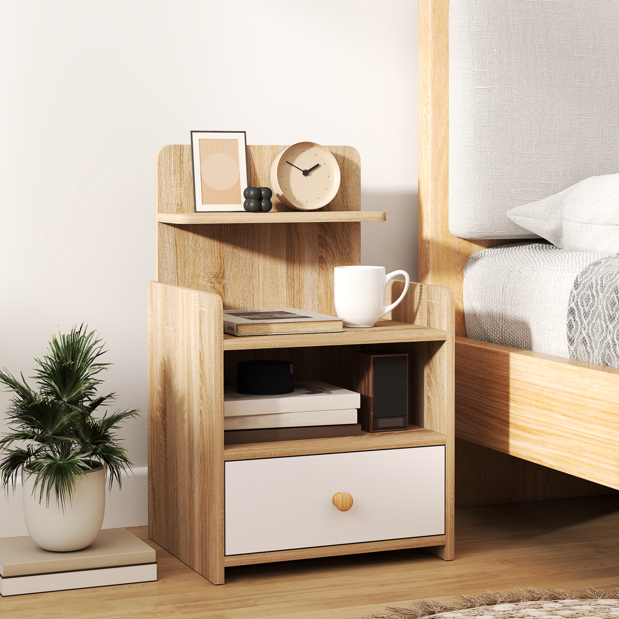 HOMCOM Multi-Storage Bedside Table White/Wood-Effect 2