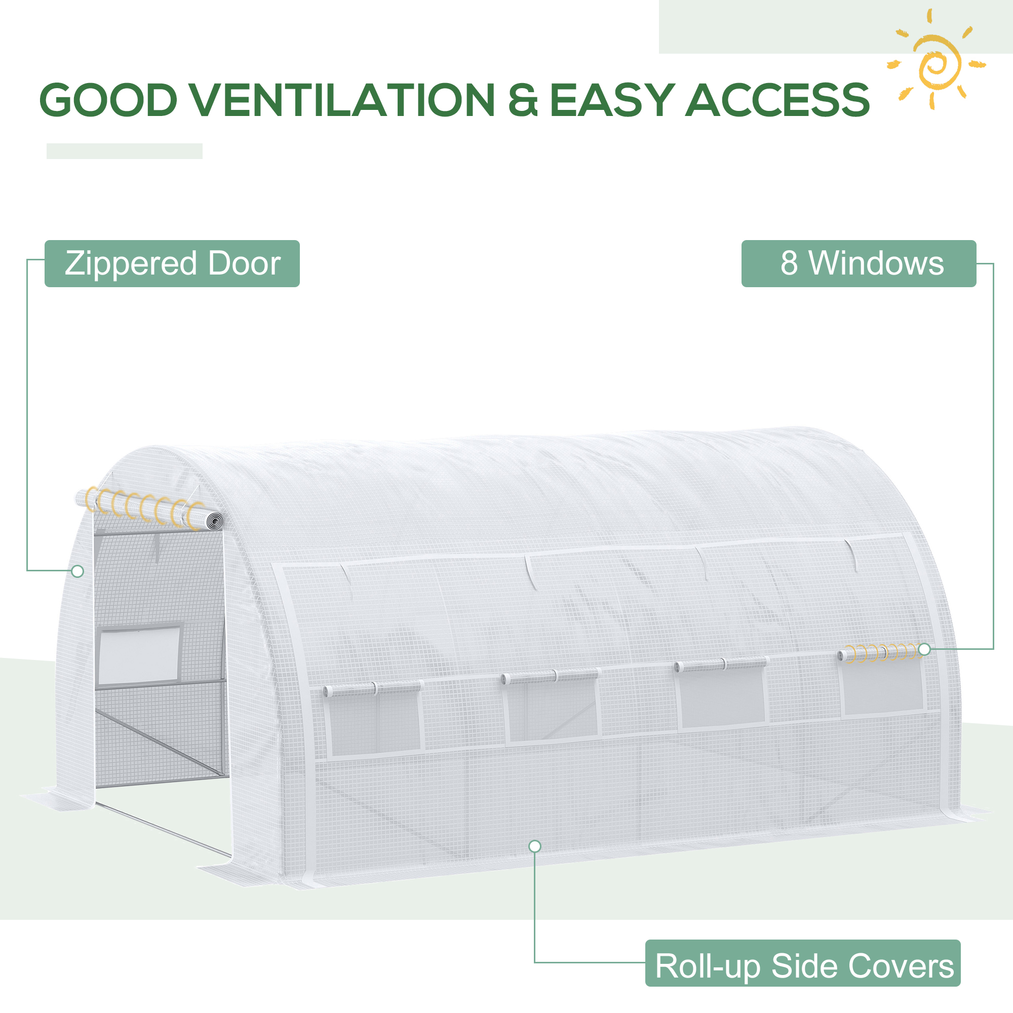 Outsunny 4 x 3 x 2 m Polytunnel Greenhouse with Roll-up Side Walls, Walk-in Grow House Tent with Steel Frame, Reinforced Cover, Zipped Door and 12 Mesh Windows for Garden, White 5