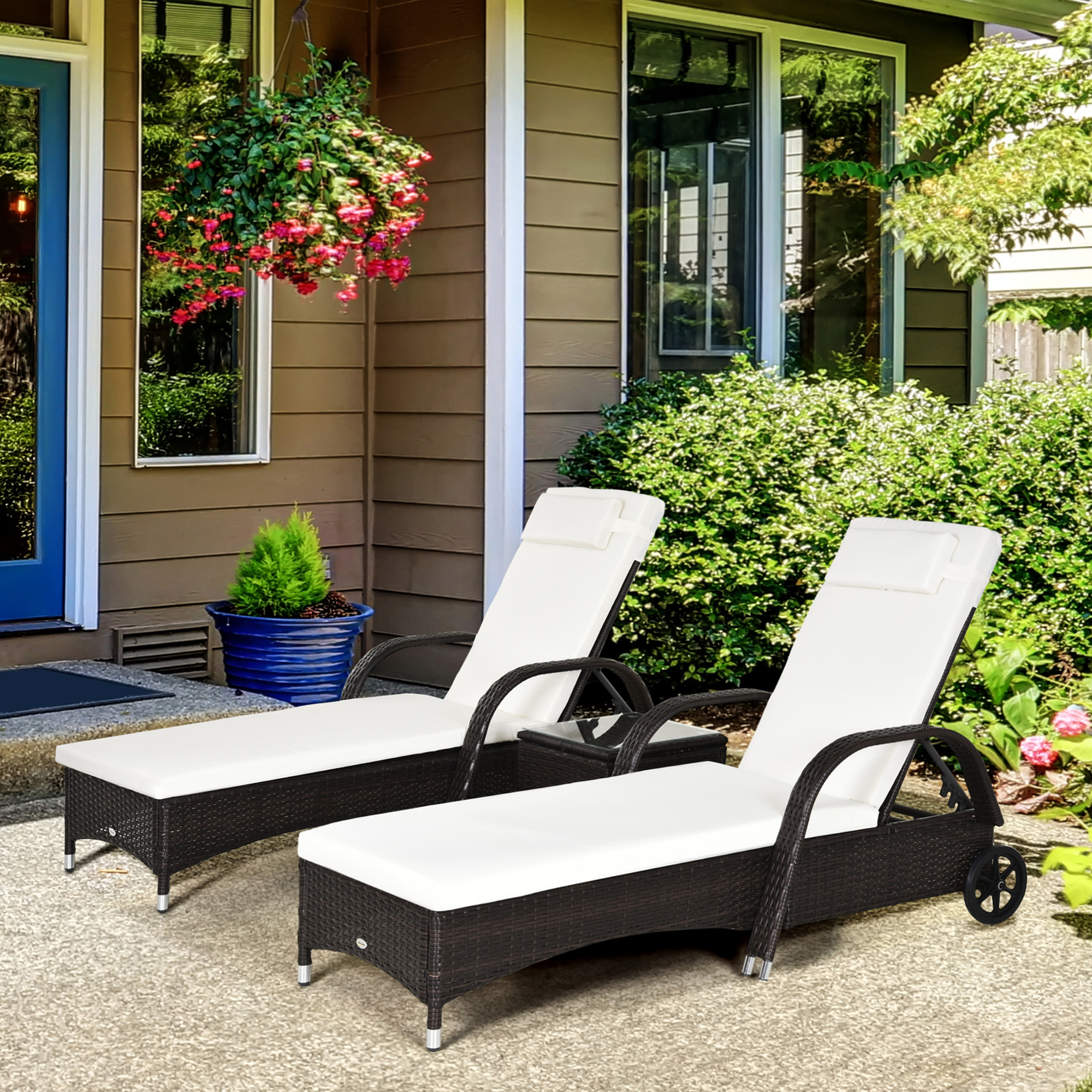 Outsunny 3 Pieces PE Rattan Patio Lounge Chair Set, Outdoor Recliner Lounge Chairs with Wheels, for Outside with Cushions, Headrest, Coffee Table for Garden, Poolside, Brown 2