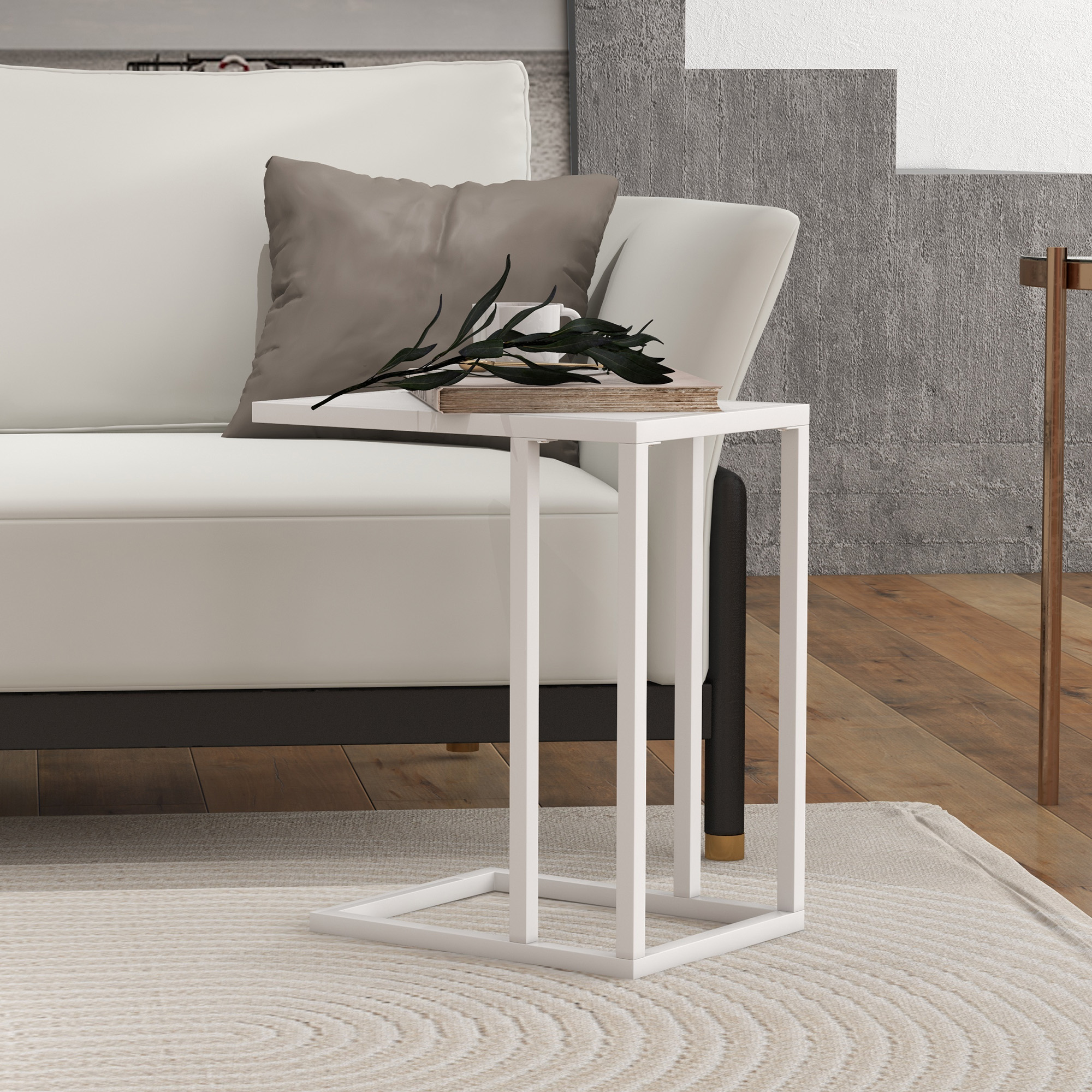 HOMCOM C Shape Bedside Table w/Metal Frame Wood-Effect Top Sofa Narrow Snack End Table for Living Room, White 7