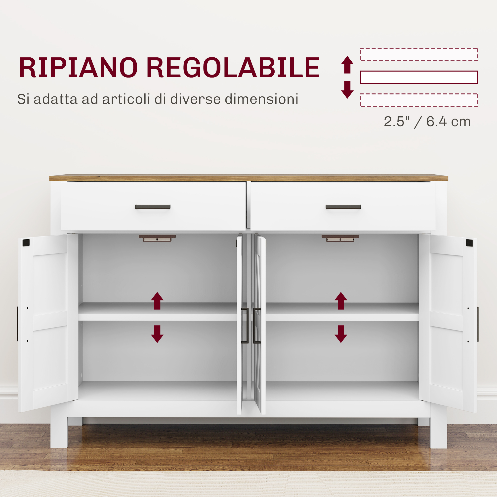 HOMCOM Credenza Moderna Con 2 Cassetti E 2 Ante, Ripiano Regolabile, Armadio Da Cucina, Bianco Lucido, Dimensioni 71x76x35 Cm - 2