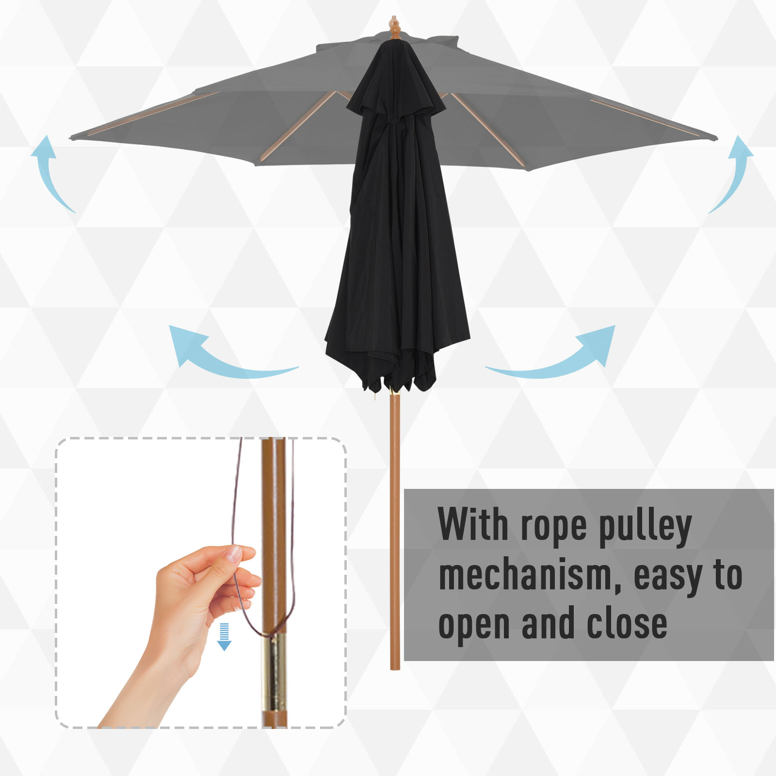 Outsunny Wooden Garden Umbrella Sun Shade with Top Vents, Bamboo Ribs and Sturdy Wood Pole, Black 6