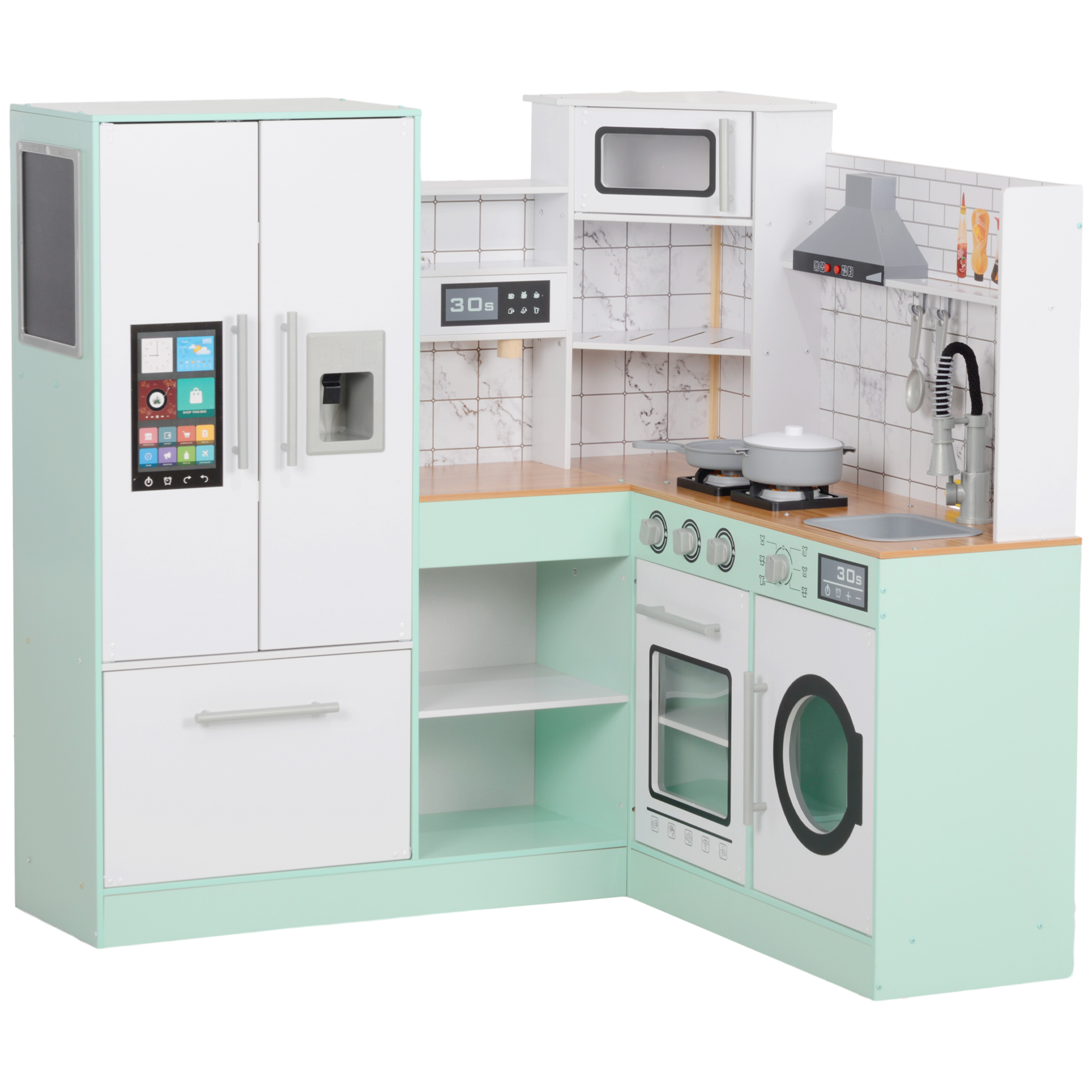 AIYAPLAY Kinderküche, Spielküche mit Tafel, Dunstabzugshaube, Eiswürfelmaschine, Mikrowelle, Ofen, Kühlschrank, realistischen Licht- und Soundeffekten, Küchenutensilien, ab 3 Jahren   Aosom – AIYAPLAY