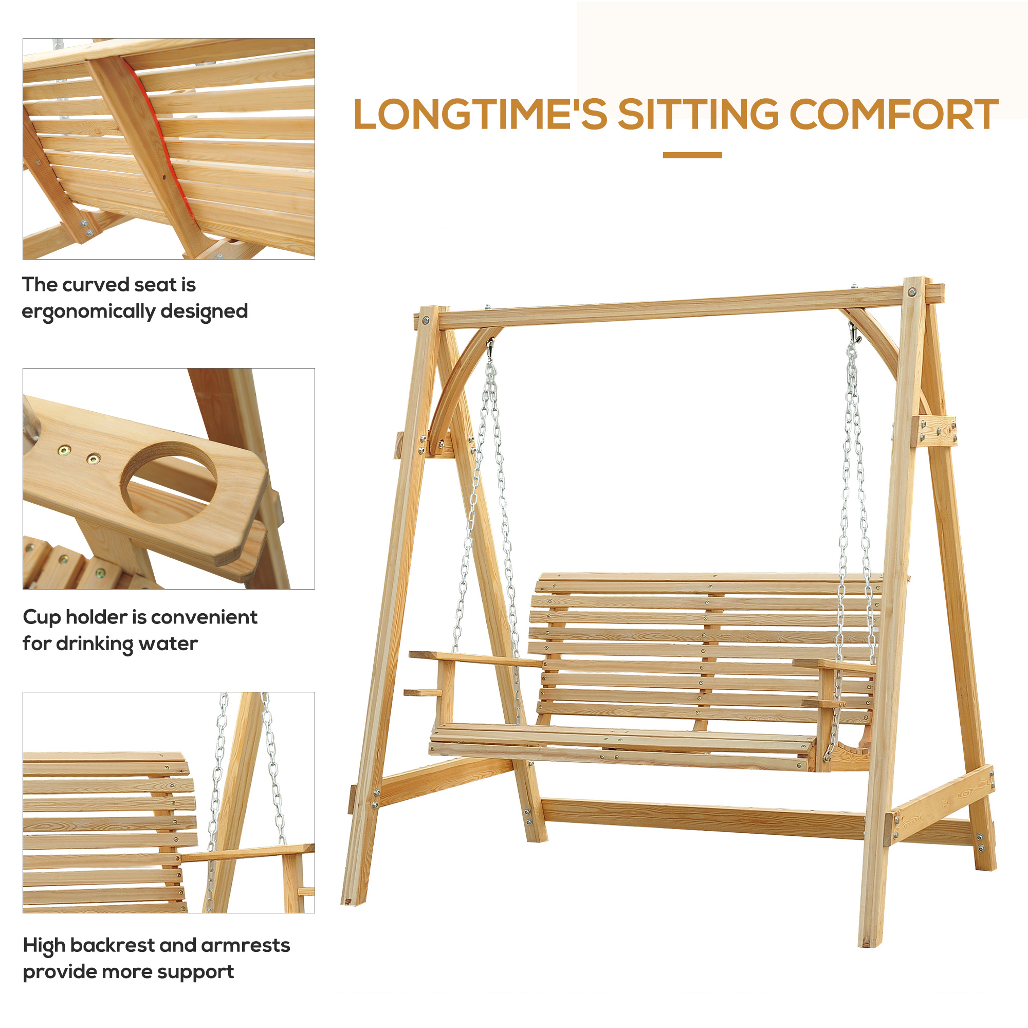 Outsunny 2 Seater Garden Swing Seat, Wooden Swing Chair Bench with Cup Holders for Outdoor Porch Patio, Natural 6