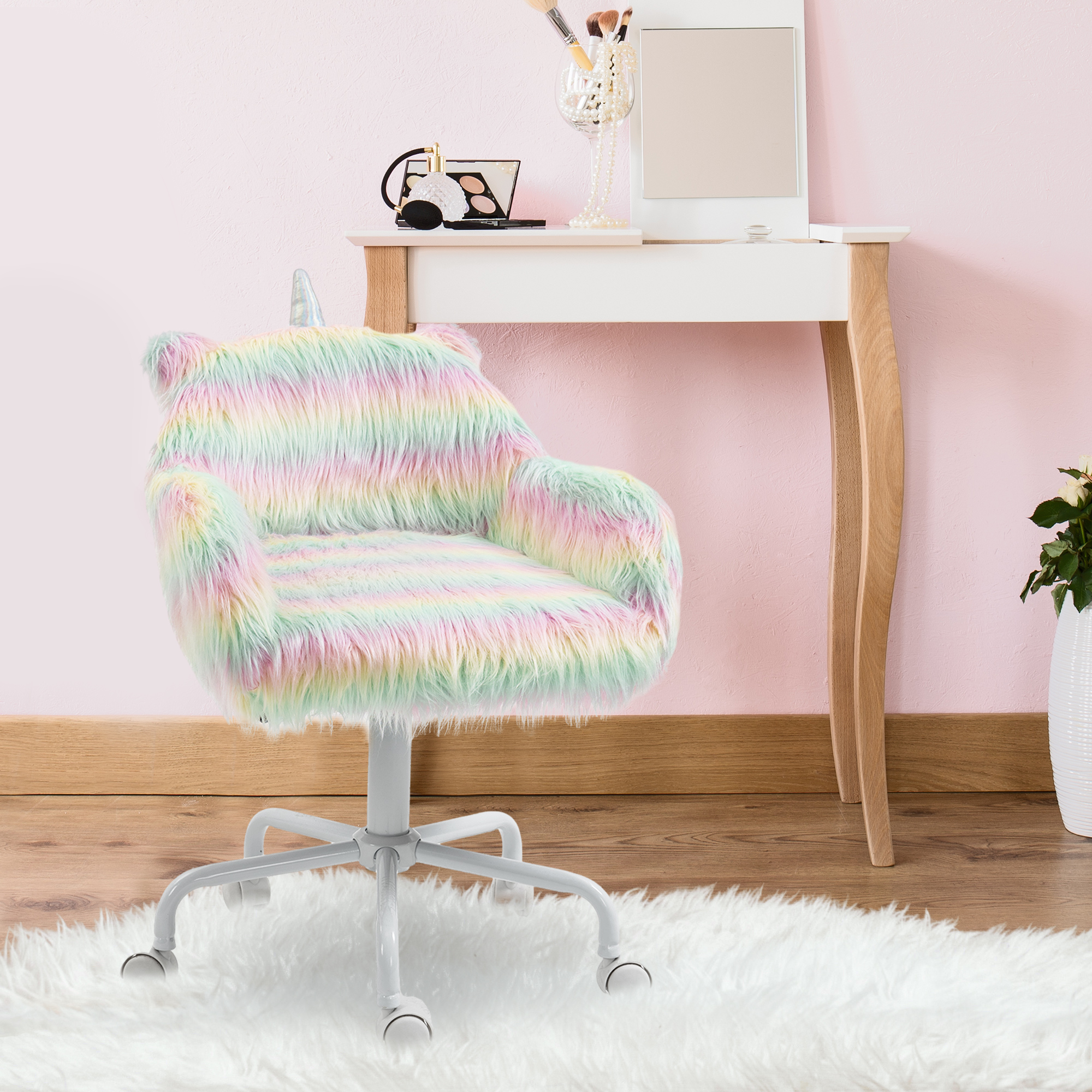 Vinsetto Unicorn Home Office Chair, Height Adjustable Fluffy Desk Chair with Armrests and Swivel Wheels, Colourful 2