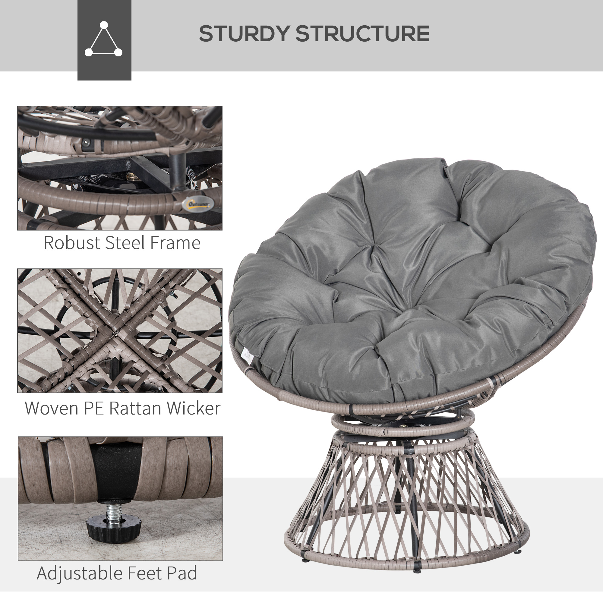 Outsunny 360° Swivel Rattan Papasan Moon Bowl Chair Round Lounge Garden Wicker Basket Seat with Padded Cushion Oversized for Outdoor Indoor, Grey 6
