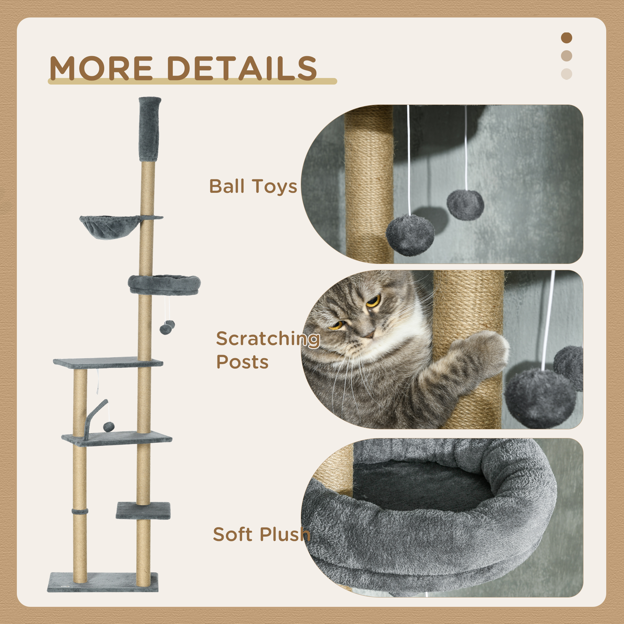 PawHut 230-250cm Floor-to-Ceiling Climbing Cat Tree Tower Grey 6