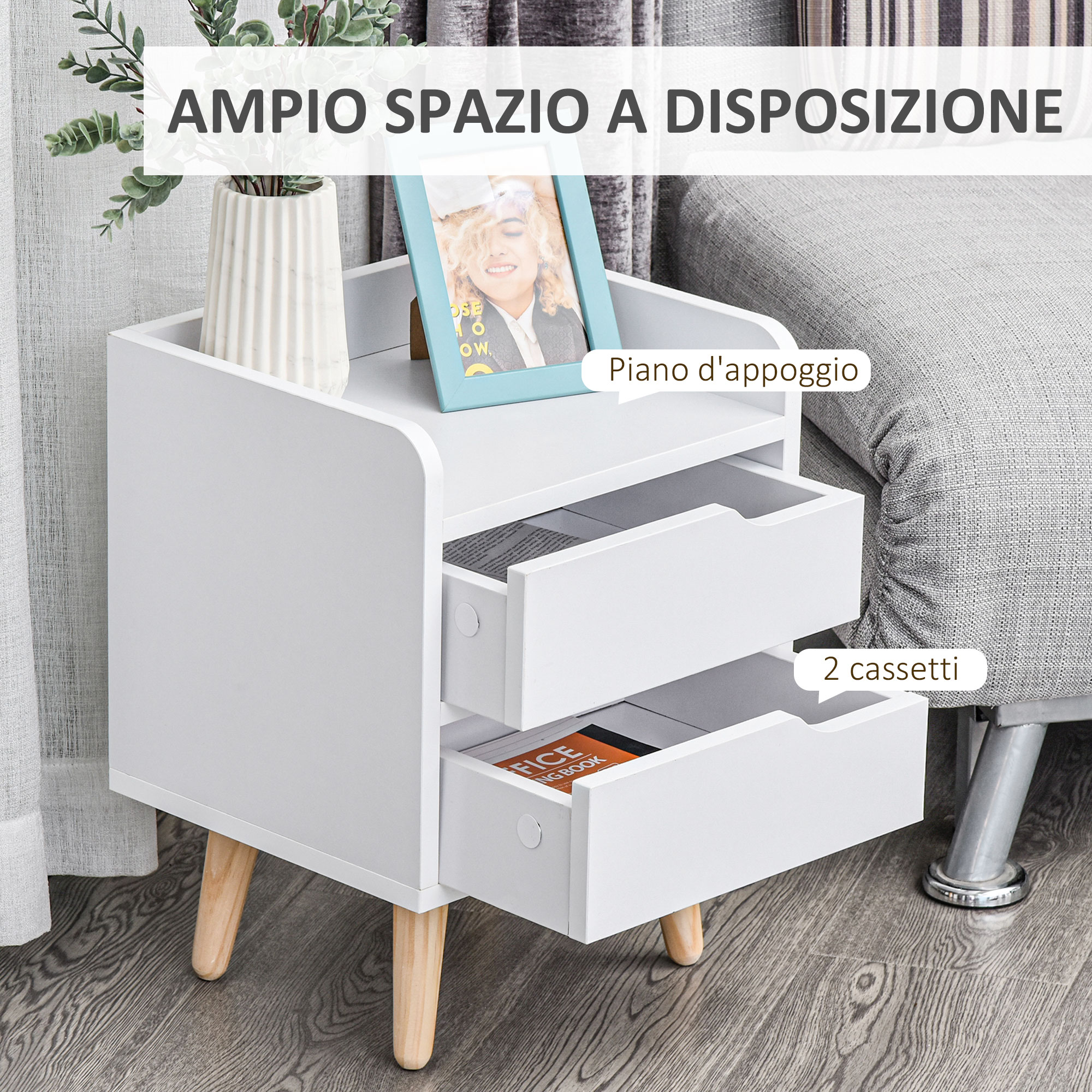 Comodino HOMCOM A 3 Cassetti – Moderno In Legno Bianco – Dimensioni 58x40x35 Cm – Con Cinghie Anti-ribaltamento
