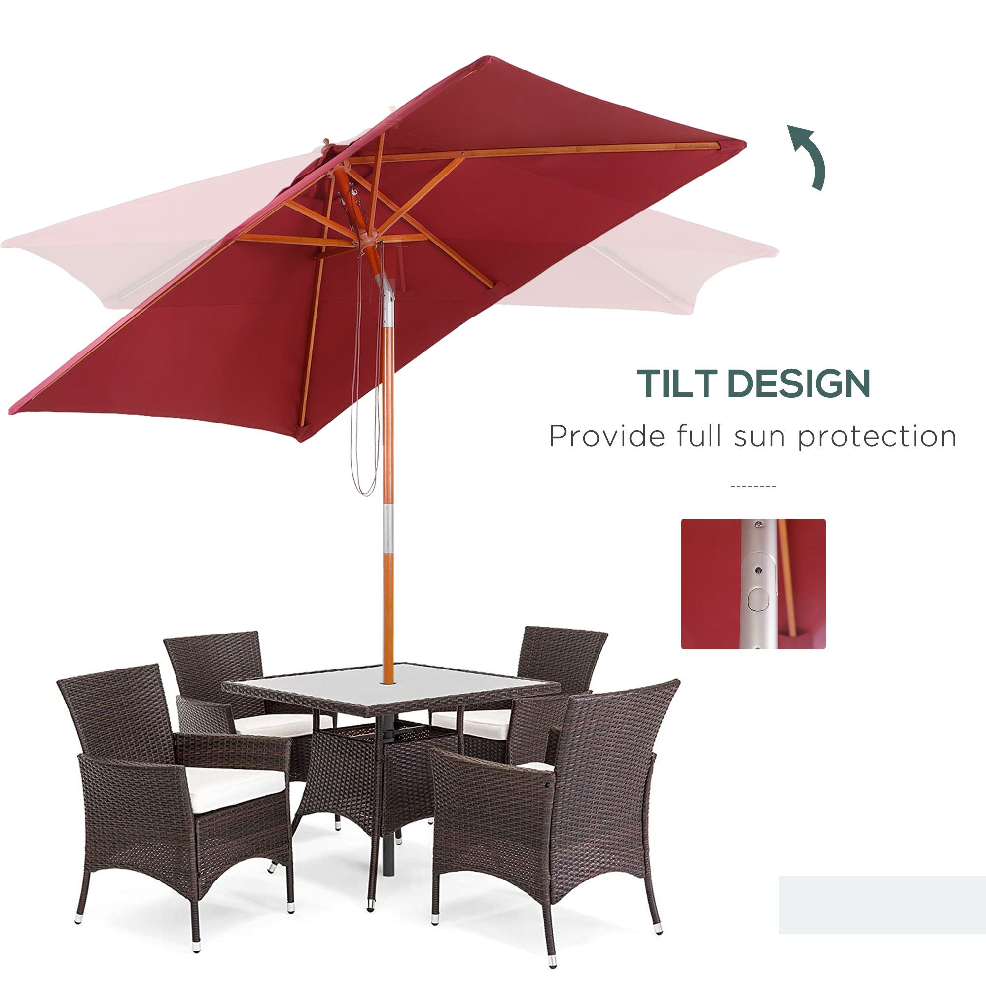 Outsunny 2m x 1.5m Garden Parasol Umbrella with Tilting Sunshade Canopy, Outdoor Market Table Umbrella with Wood and Bamboo Frame, Wine Red 4