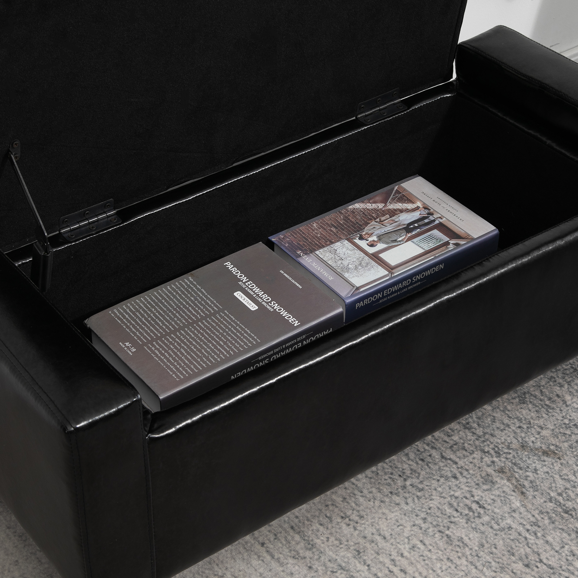 HOMCOM PU Leather Storage Ottoman Bench Storage Chest Tufted Ottoman Cube w/ Flipping Top 92L x 40W x 40H cm Black 8