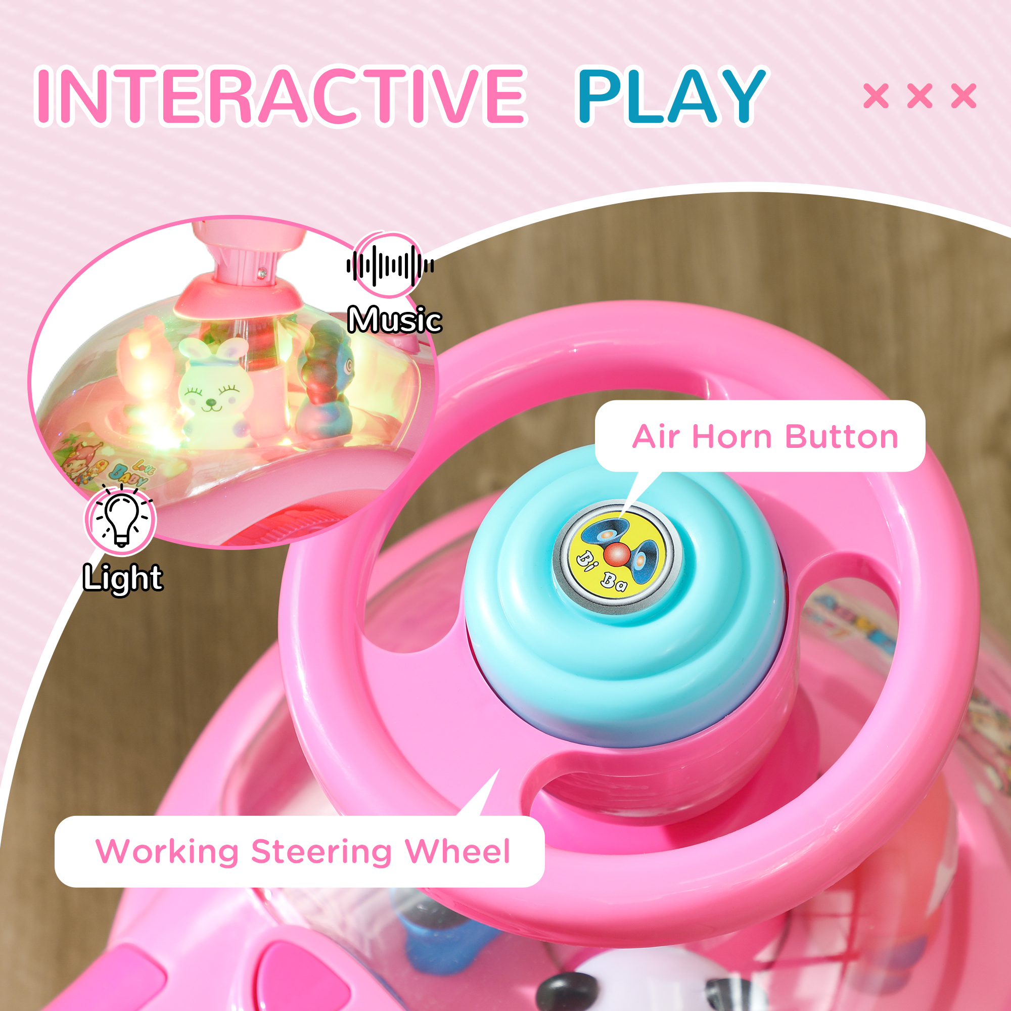 AIYAPLAY Foot to Floor oddler Ride on Toy w/ Music, Light, Horn, Under Seat Storage, Anti-Over-Backwards Device, Pink 5