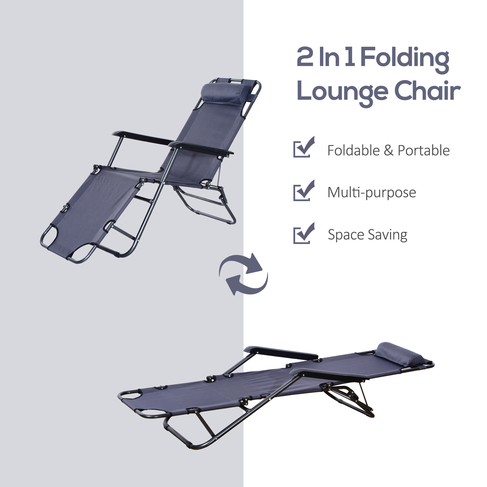 Outsunny 2 in 1 Folding Sun Lounger Reclining Garden Chair with 2-Level Adjustable Backrest, Outdoor Zero Gravity Recliner Garden Chair with Head Pillow and Armrests, Grey 4