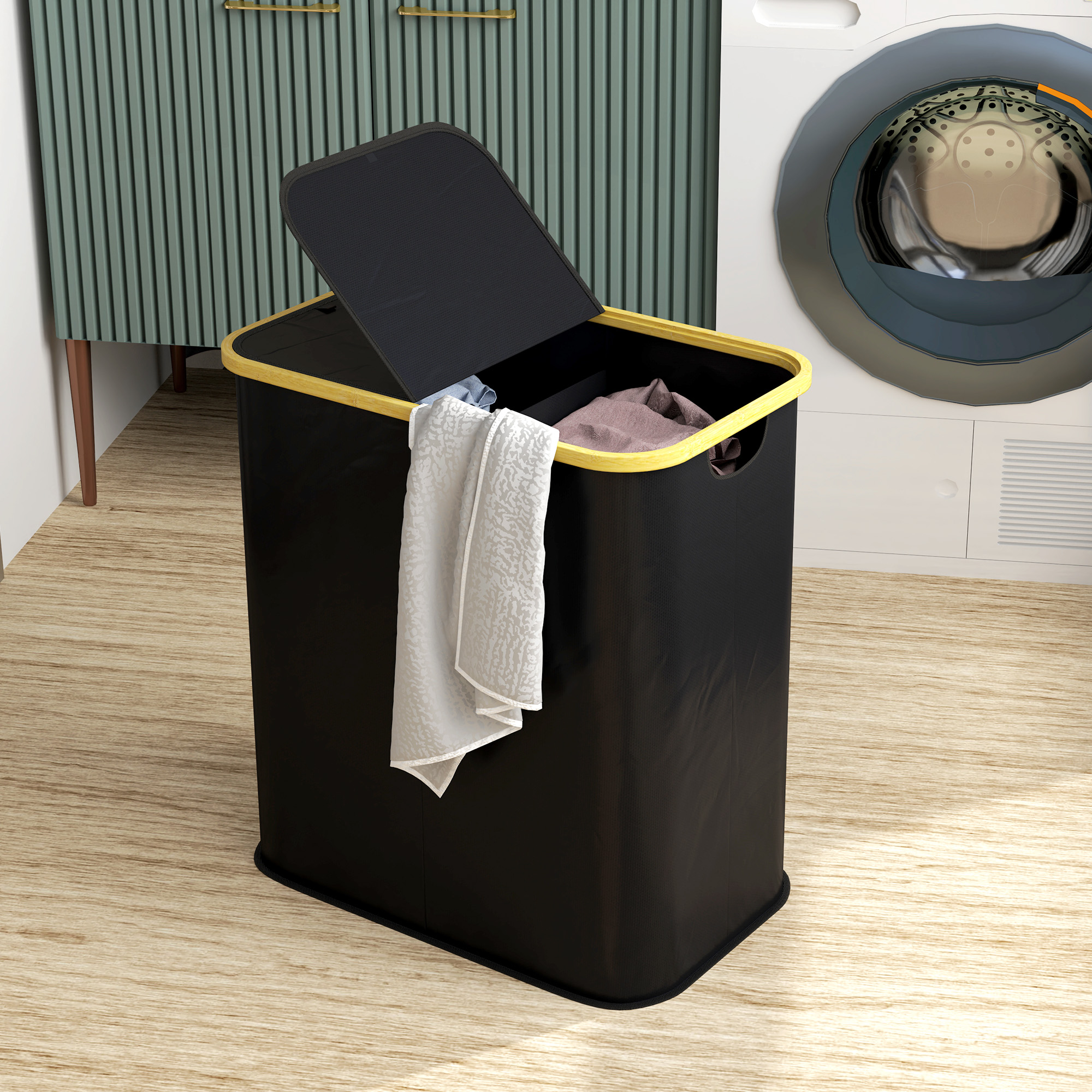 Cesto Biancheria 100L Con Coperchio E 2 Scomparti - Bambù Naturale - Pieghevole - 4