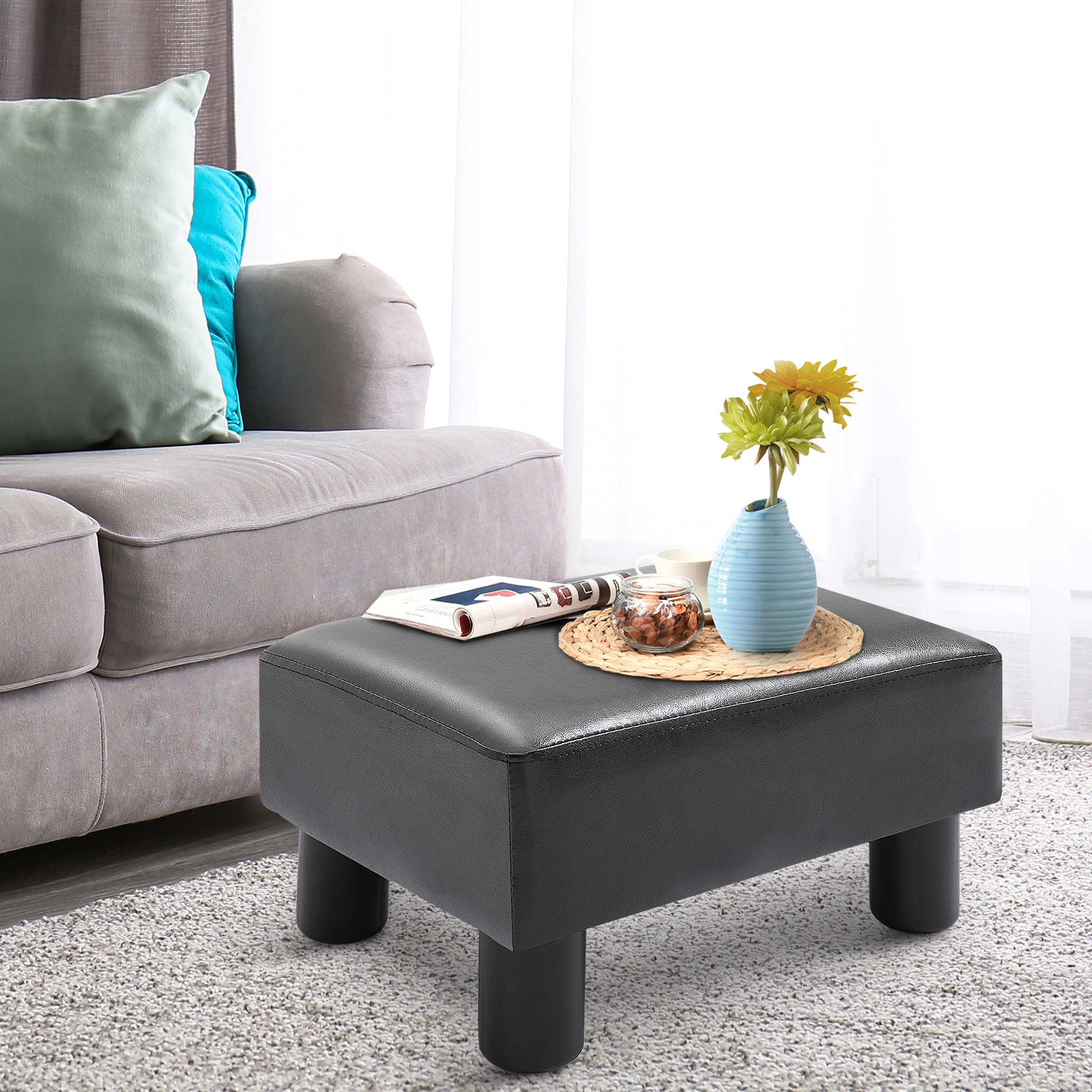 HOMCOM Faux Leather Footstool, Small Foot Rest, Rectangle Sofa Stool for Bedroom Living Room, Black 7