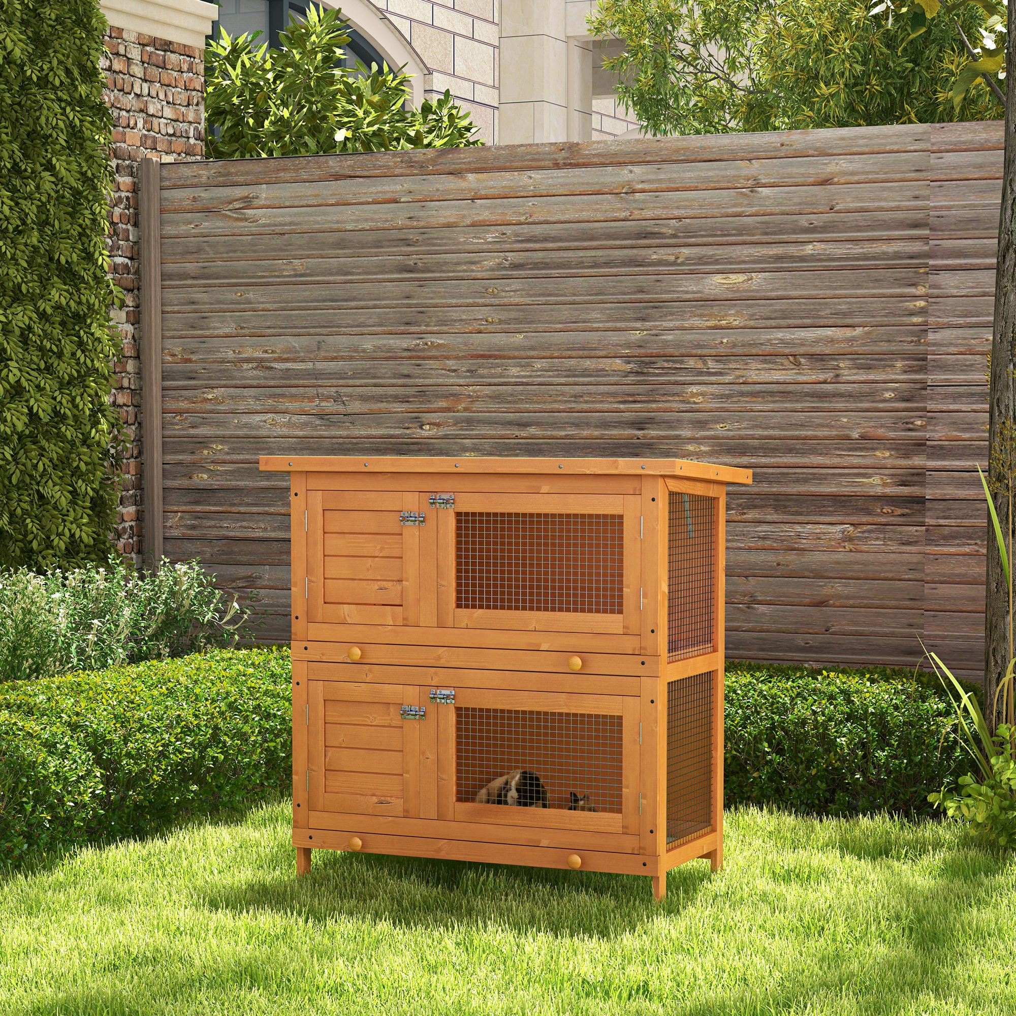PawHut Double Tier Rabbit Hutch Large 2-Tier Wooden Hutch for Rabbits & Guinea Pigs, Pet Lovers Choice, Natural 2