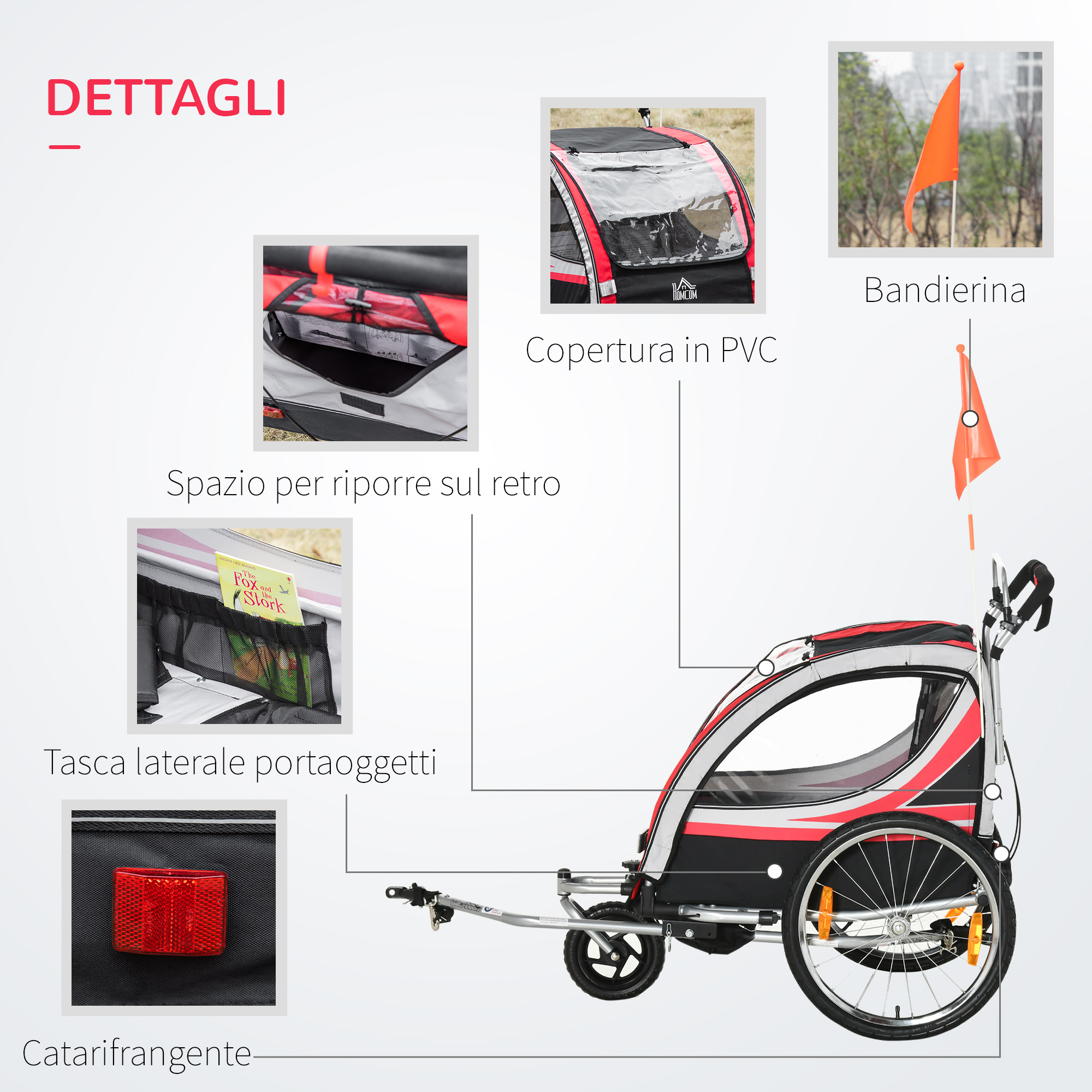 HOMCOM Rimorchio Bici Carrello a Mano Pieghevole e Portatile con Sacca | Italy