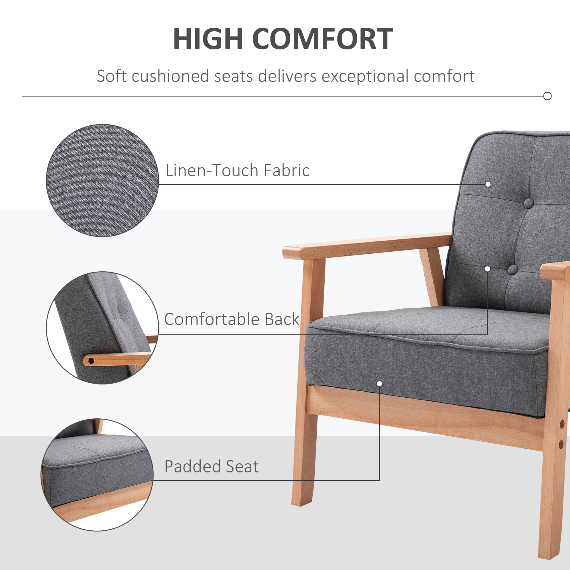HOMCOM Minimalistic Wooden Frame Accent Chair, with Padded Seat Dark Grey 5