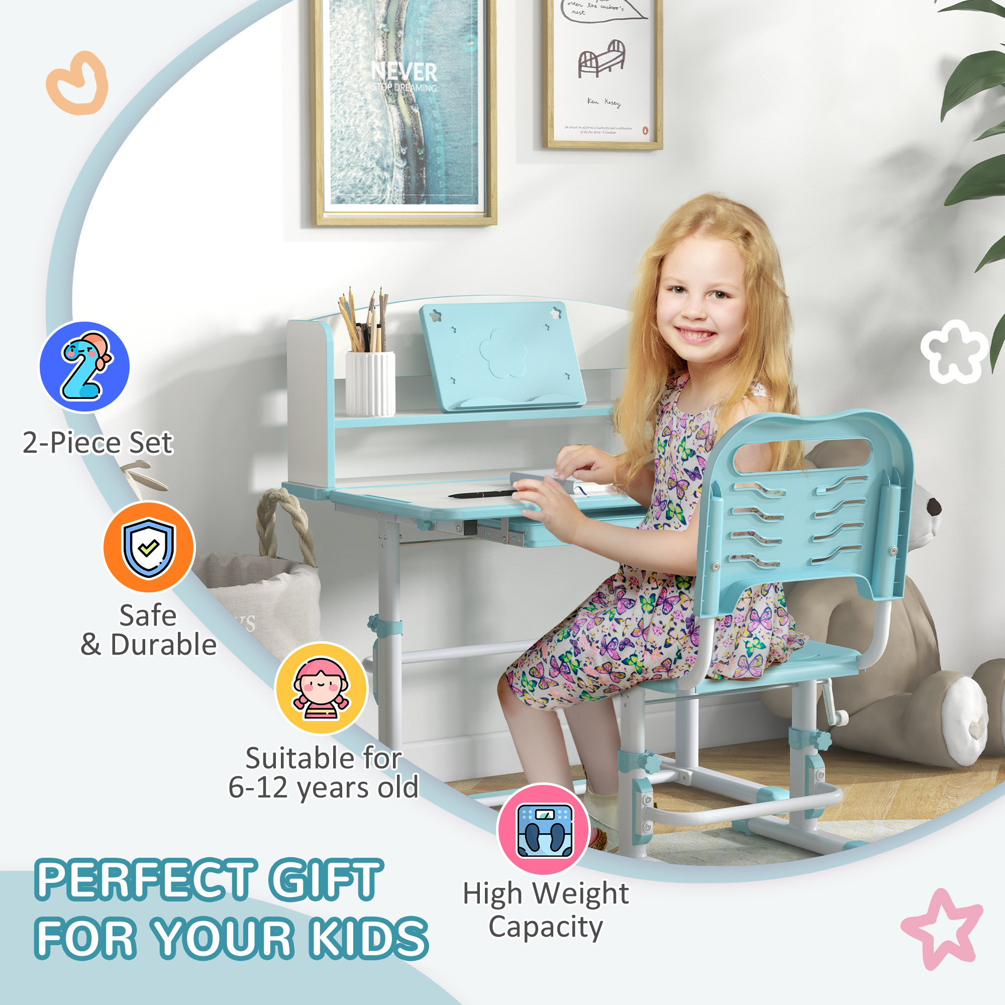 ZONEKIZ Height Adjustable Kids Study Table and Chair Set, with Drawer, Storage Shelf, 80 x 54.5 x 104 cm, Blue 4