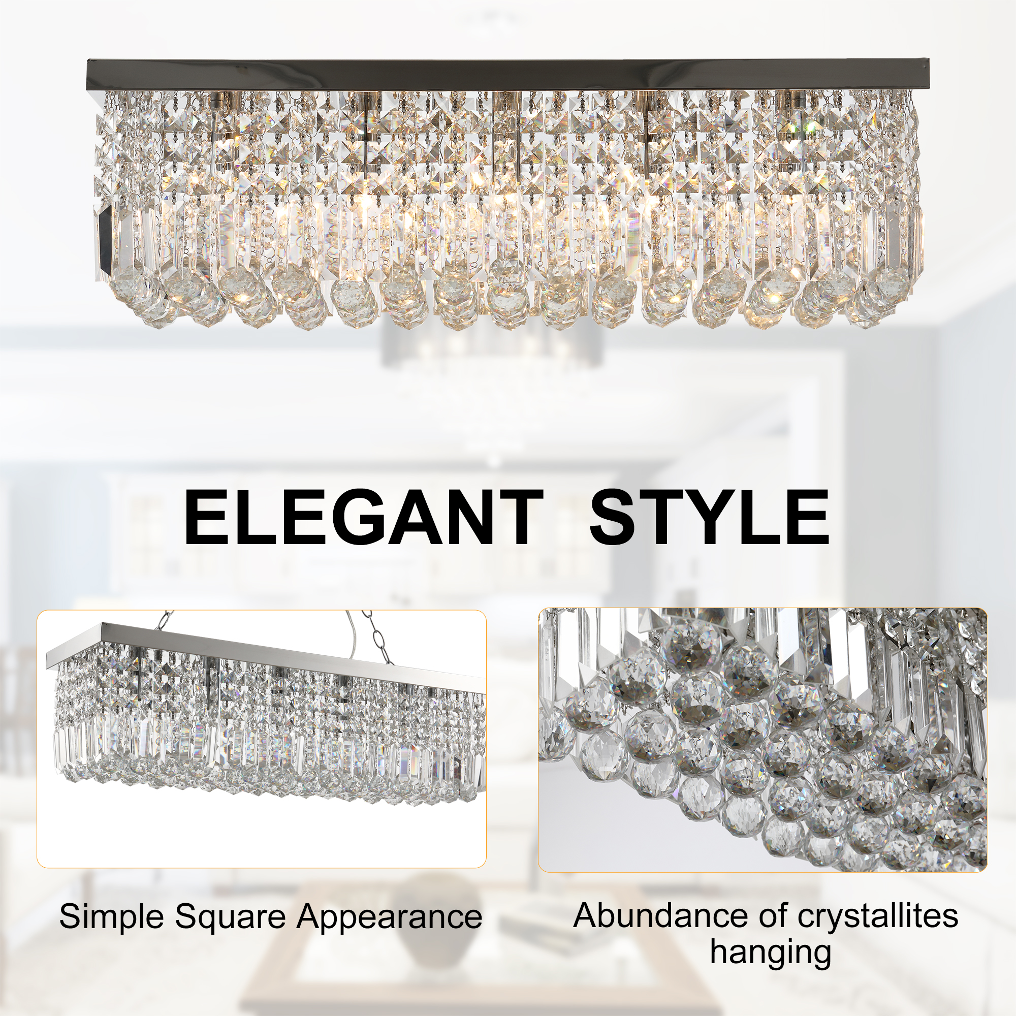 HOMCOM Modern Crystal Ceiling Light Square Crystal Chandelier for Living Room, Dining Room, Hall, E14 Base, Silver, 80 x 25 x 23cm 5