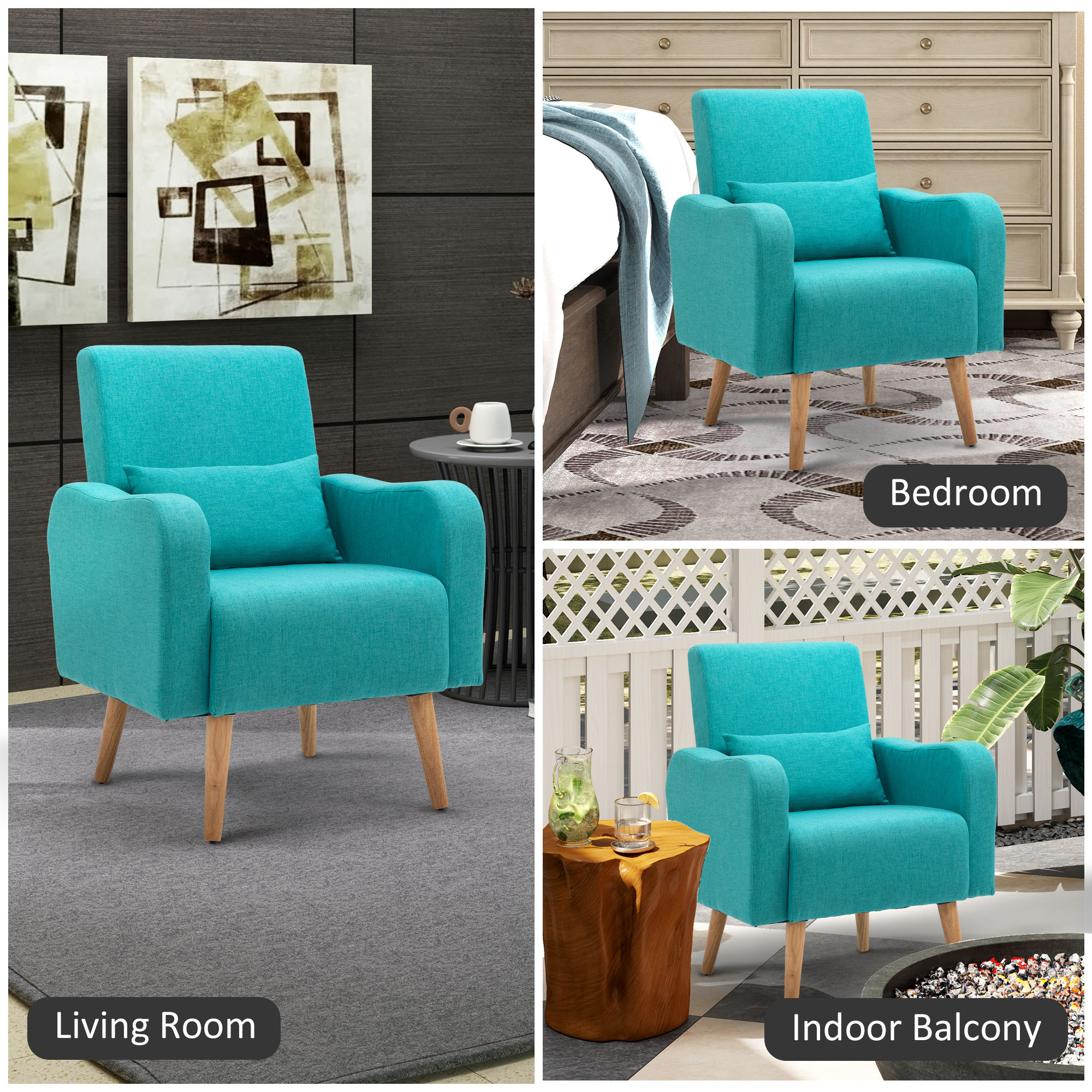 HOMCOM Accent Chair, Linen-Touch Armchair with Pillow, Upholstered Leisure Lounge Sofa for Living Room, Club Chair with Rubber Wooden Frame, Teal 7