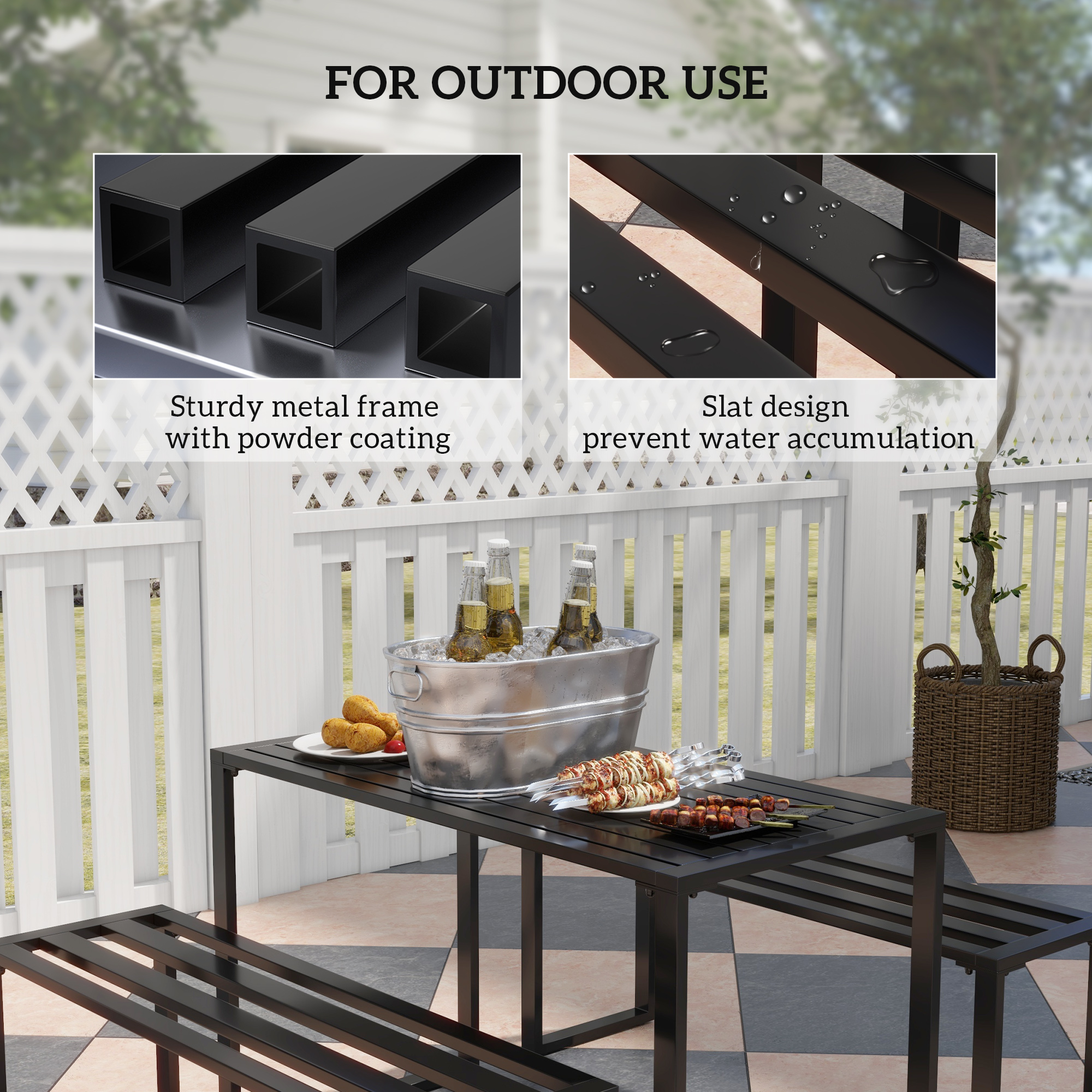 Outsunny 3 Pieces Picnic Bench Set with Table and 2 Benches, Slated Design Dining Trestle Beer Table and Seat, Black 4