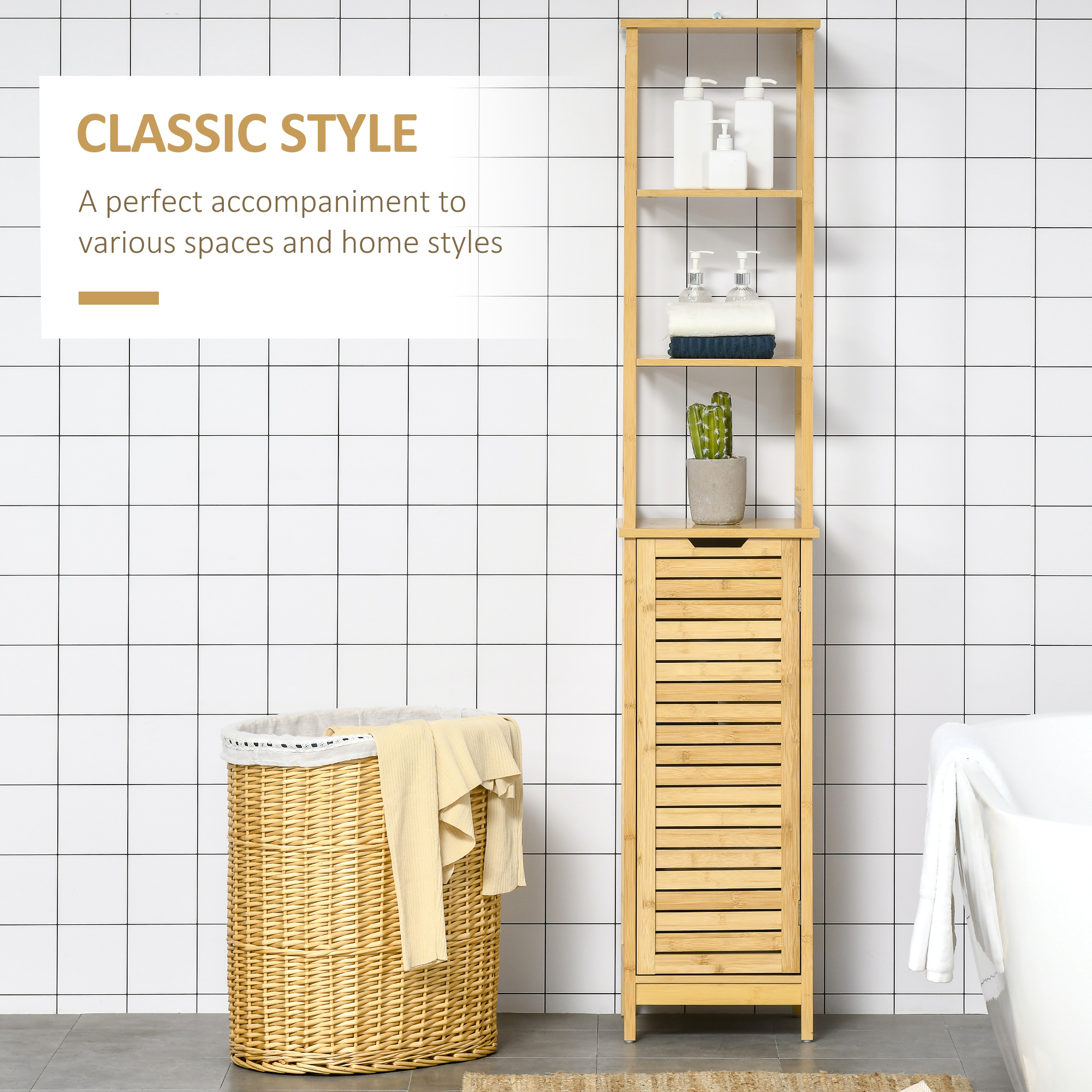 kleankin Tall Bathroom Cabinet, Slim Storage Cabinet, Tallboy Bamboo Storage Unit with 3-Tier Storage Shelves and Freestanding Organiser, Natural 5