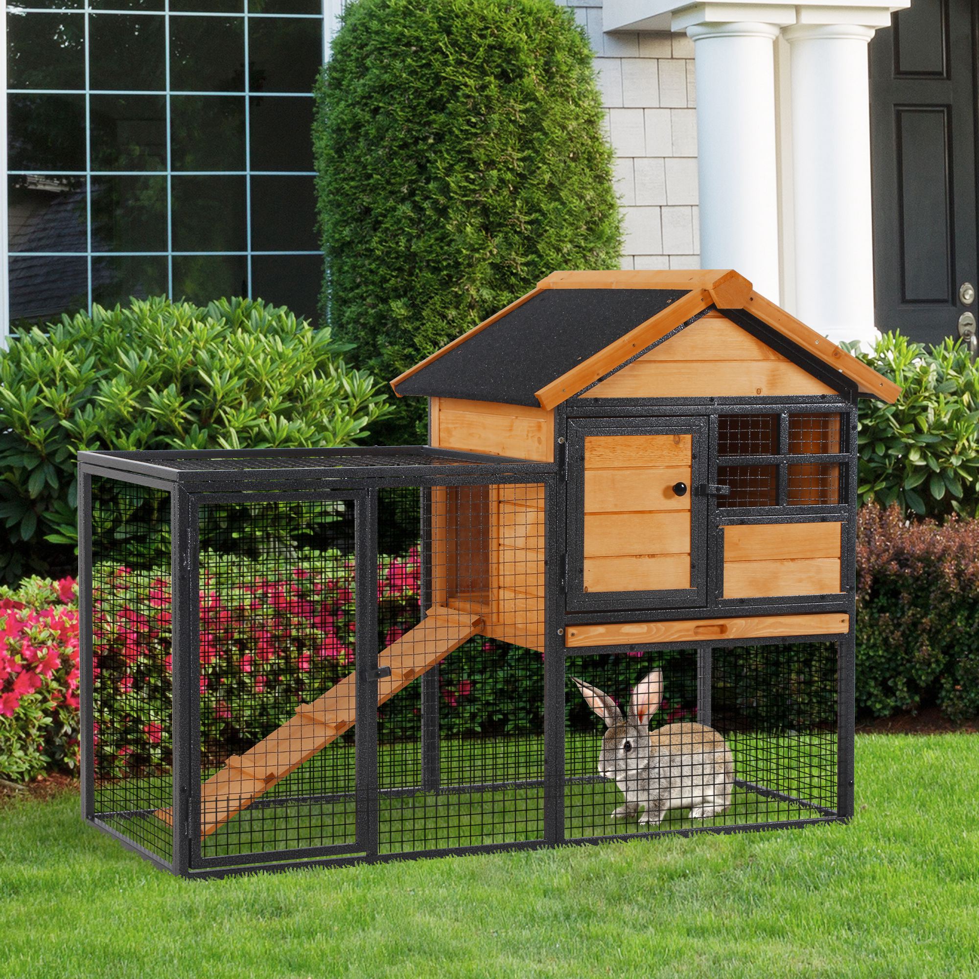 PawHut Guinea Pigs Hutches Wood Bunny Cage for Outdoor Indoor w/ Pull Out Tray Run Box Ramp
