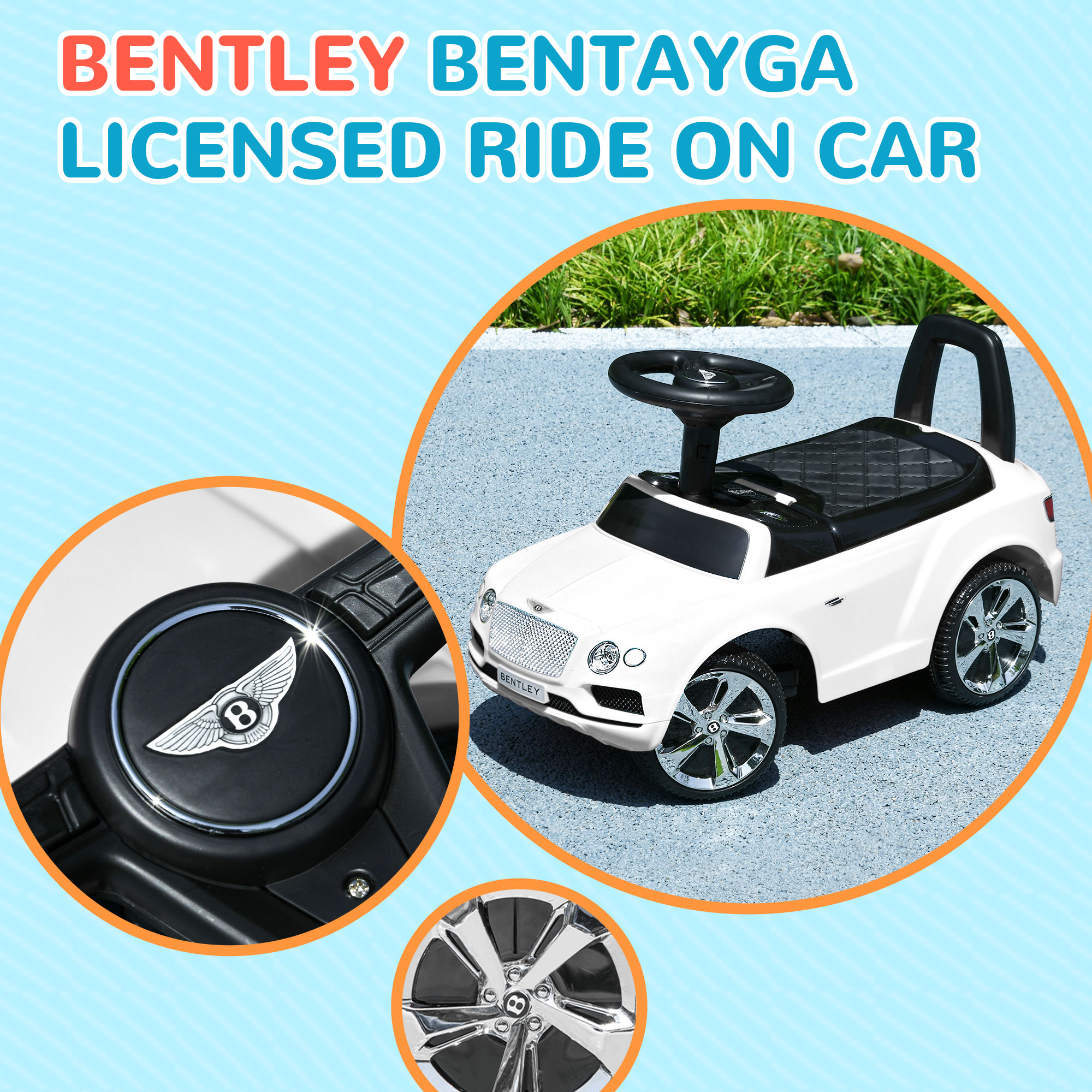 AIYAPLAY Bentley Bentayga Licensed Foot to Floor Ride on Car, Sliding Car Push Along Car w/ Under Seat Storage White 4