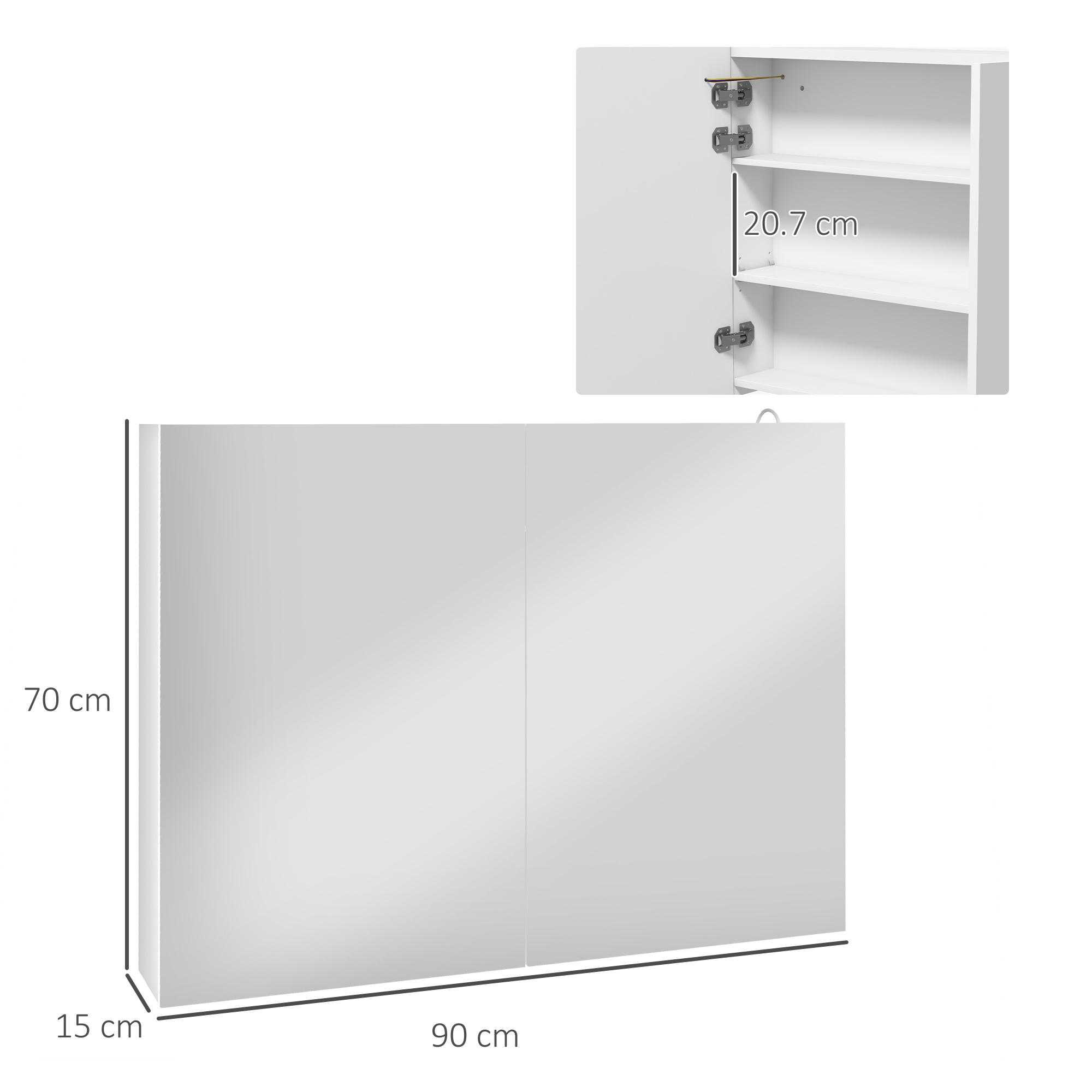 kleankin Bathroom Mirror Cabinet with Light, Bathroom Storage Cupboard with Adjustable Shelf, USB Powered, 90x15x70cm, White 3
