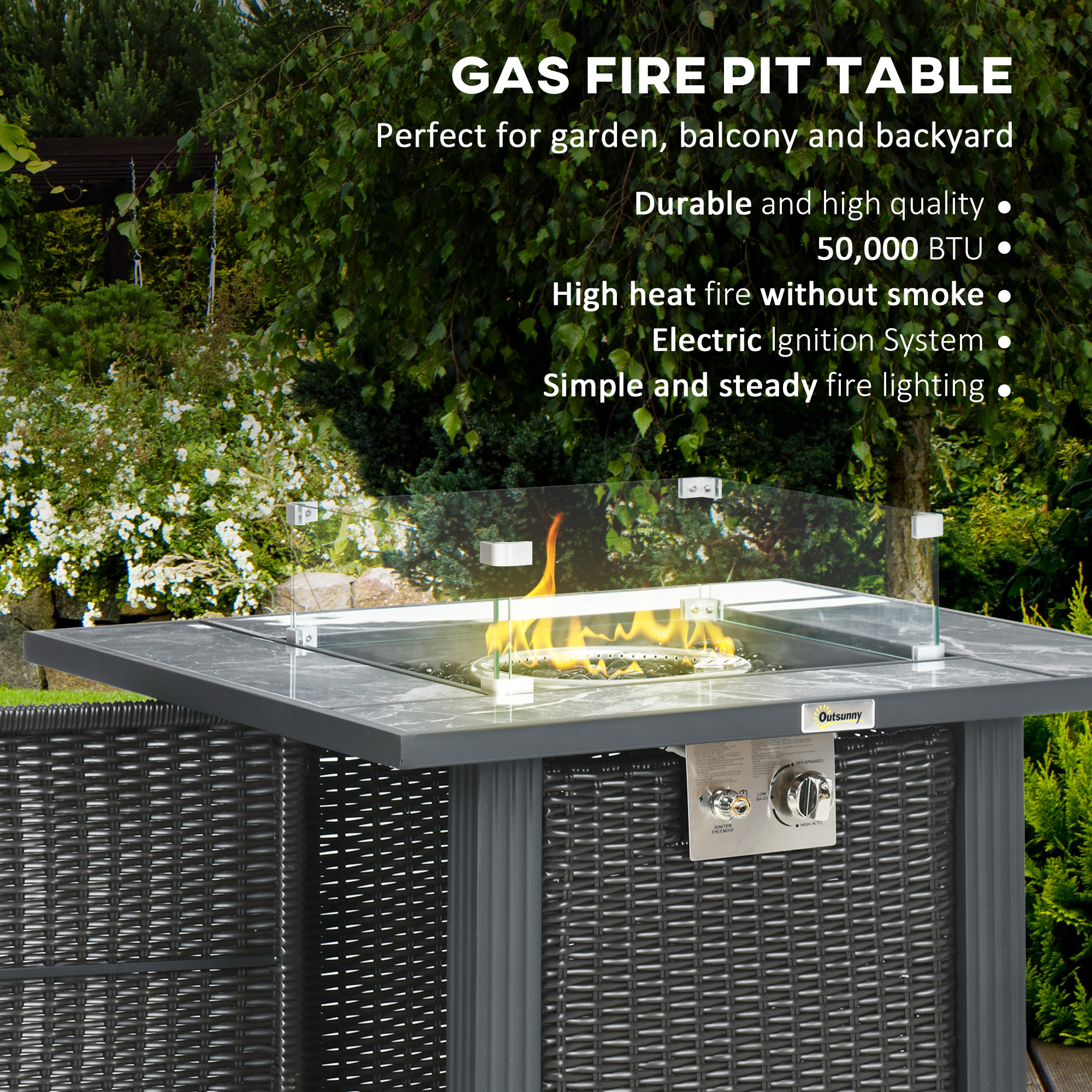 Outsunny Outdoor PE Rattan Gas Fire Pit Table, Patio Square Propane Heater with Marble Desktop, Rain Cover, Glass Windscreen, and Glass Stones, 50,000 BTU, Black 4