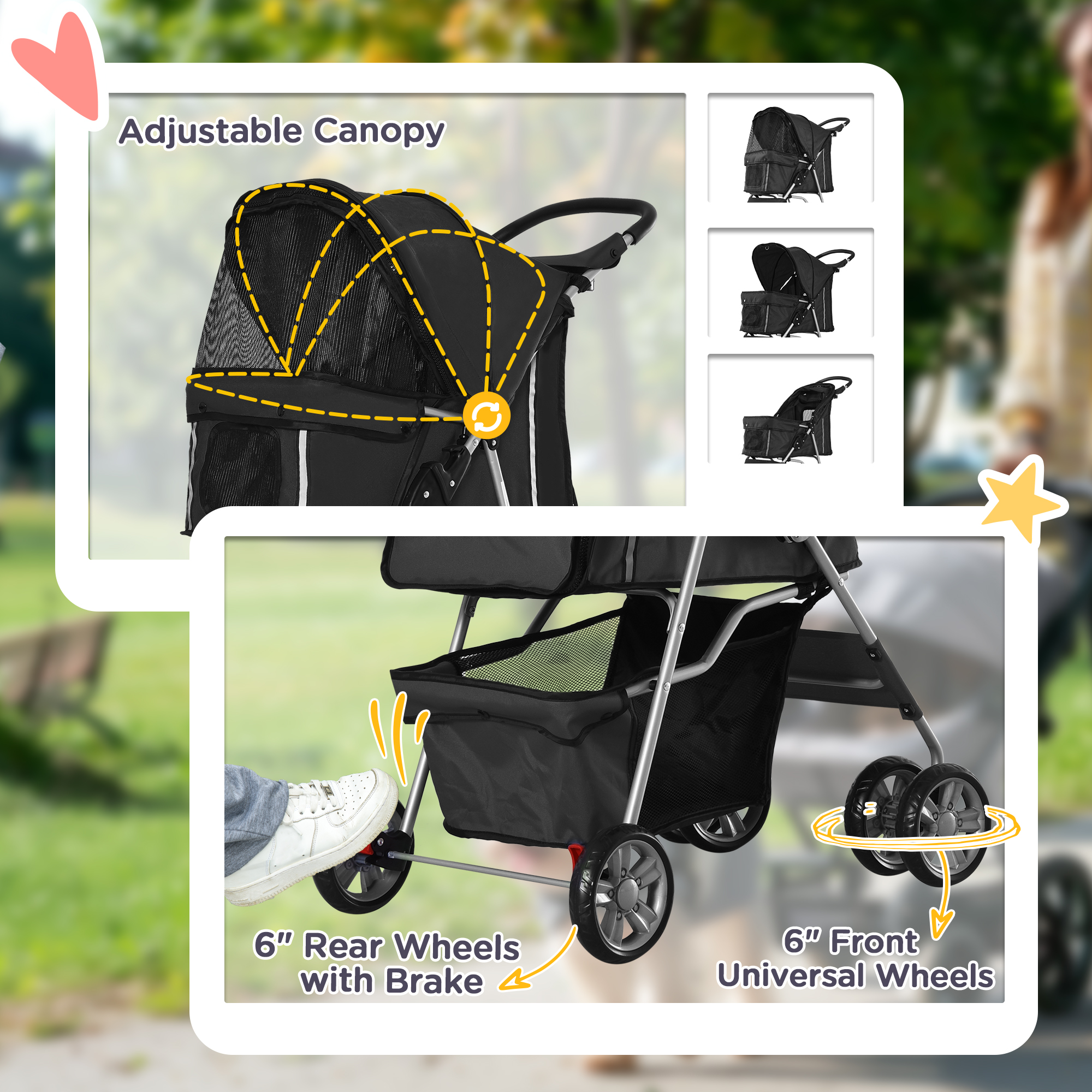 PawHut Pet Stroller for Small Miniature Dogs Cats Foldable Travel Carriage with Wheels Zipper Entry Cup Holder Storage Basket Black 6