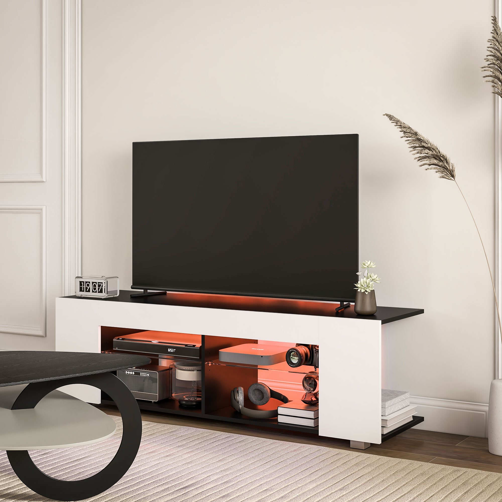 HOMCOM TV Stand 145cm TV Unit with Glass Shelves RGB LED Light for 60