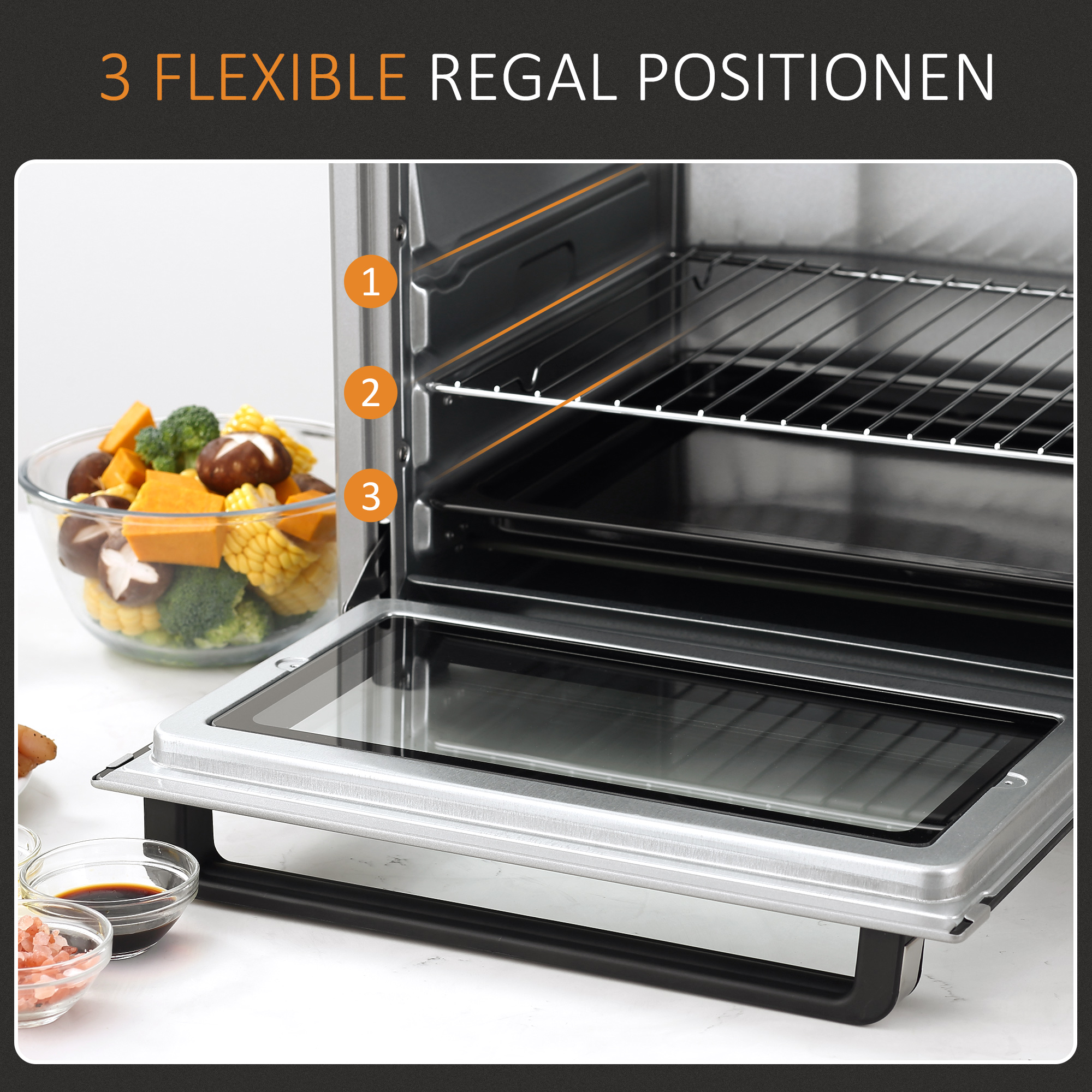 Miniahi 32L 100°C-230°C 1600W Miniahi küpsetusplaadi, purukandiku, grillresti ja 3 küpsetusrežiimiga Pizzaahi taimeriga Küpsetusplaadi käepide Roostevaba teras Hõbedane