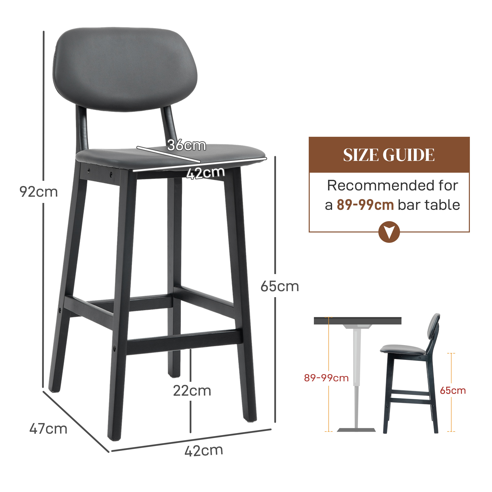 HOMCOM Bar Stools Set of 2, Breakfast Bar Chairs, PU Leather Upholstered Kitchen Stools with Backs, Footrests and Solid Wood Legs, Dark Grey 3