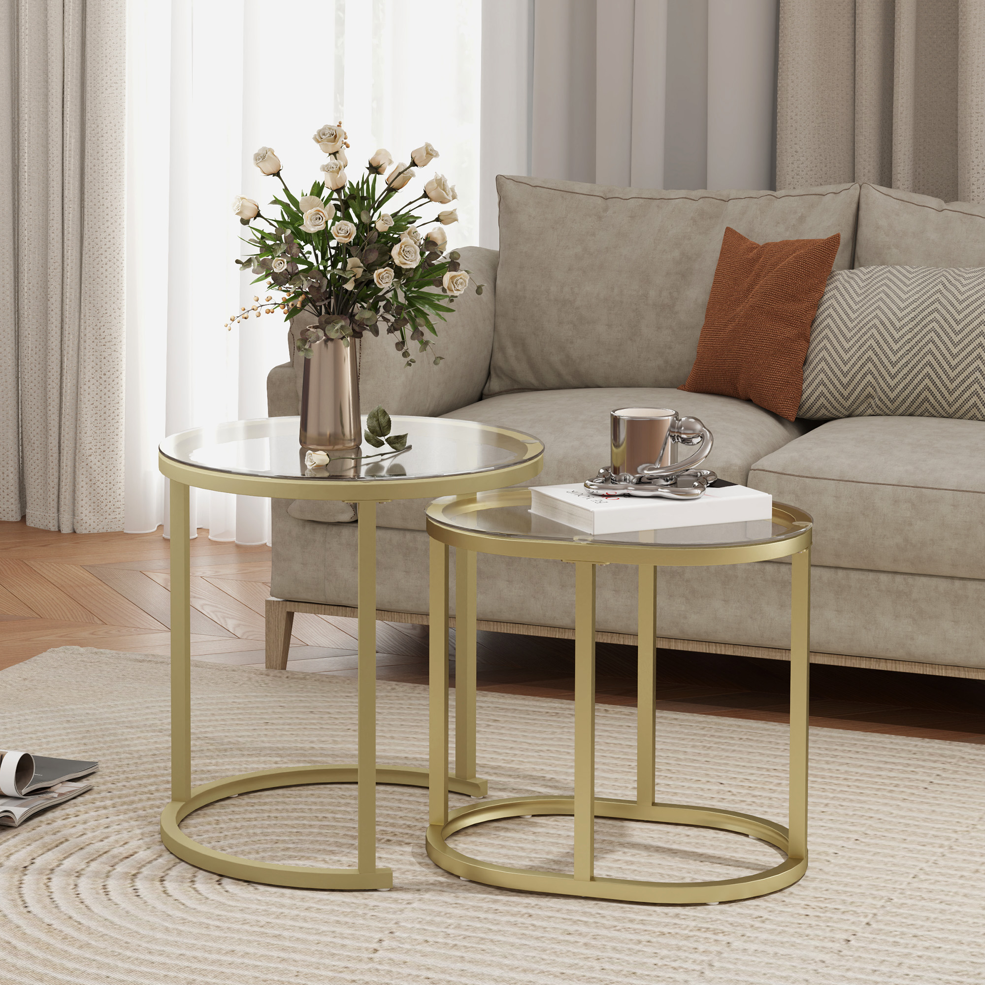 HOMCOM Modern Coffee Table Set of 2, Nest of Tables with Steel Frame and Tempered Glass Tabletop, Side Tables for Living Room Bedroom, Clear 2