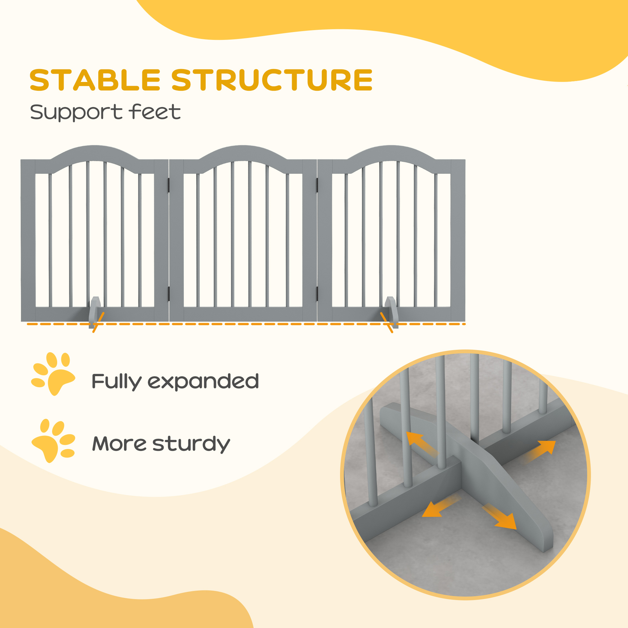 PawHut 3 Panels Dog Gate w/ Support Feet Fence Safety Barrier Freestanding Wood Light Grey 7