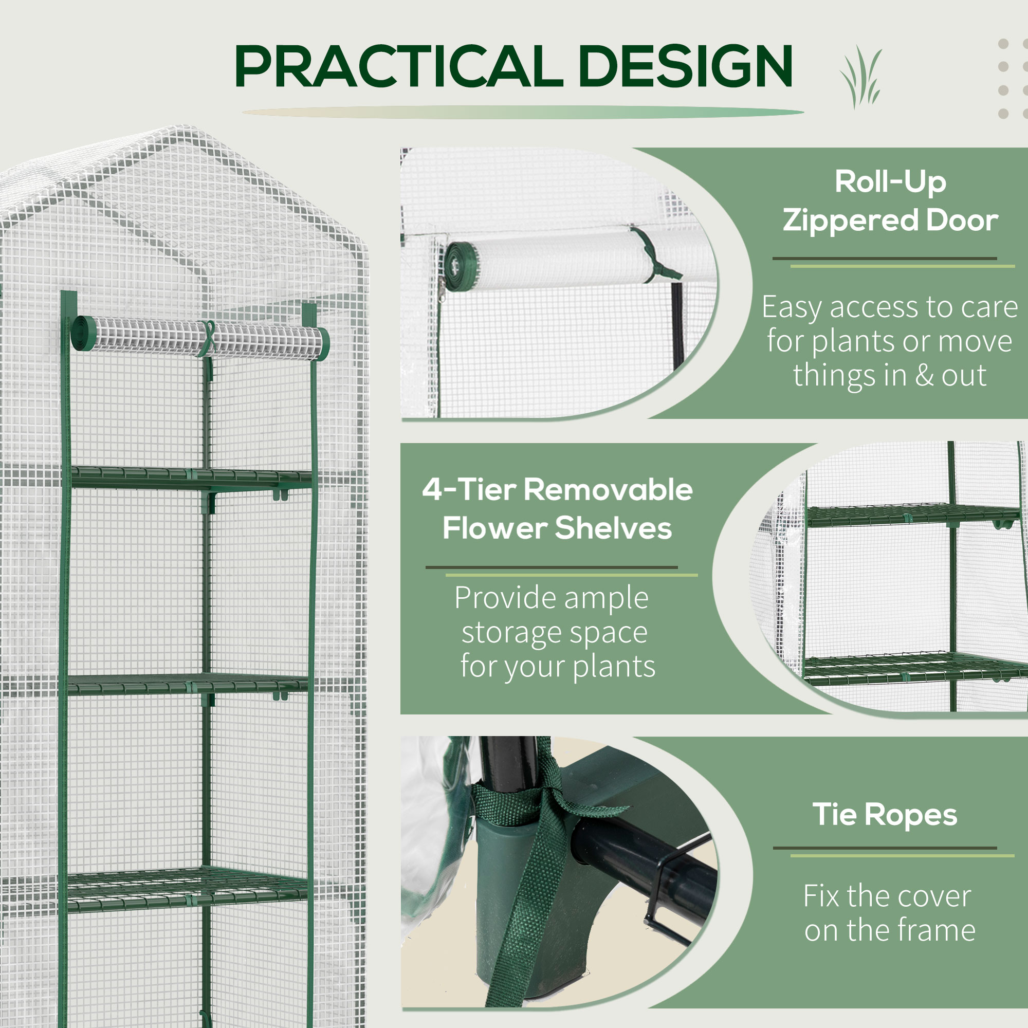 Outsunny 4 Tier Mini Greenhouse, Portable Compact Green House with Steel Frame, PE Cover, Roll-up Door, 70 x 50 x 160 cm, White 6